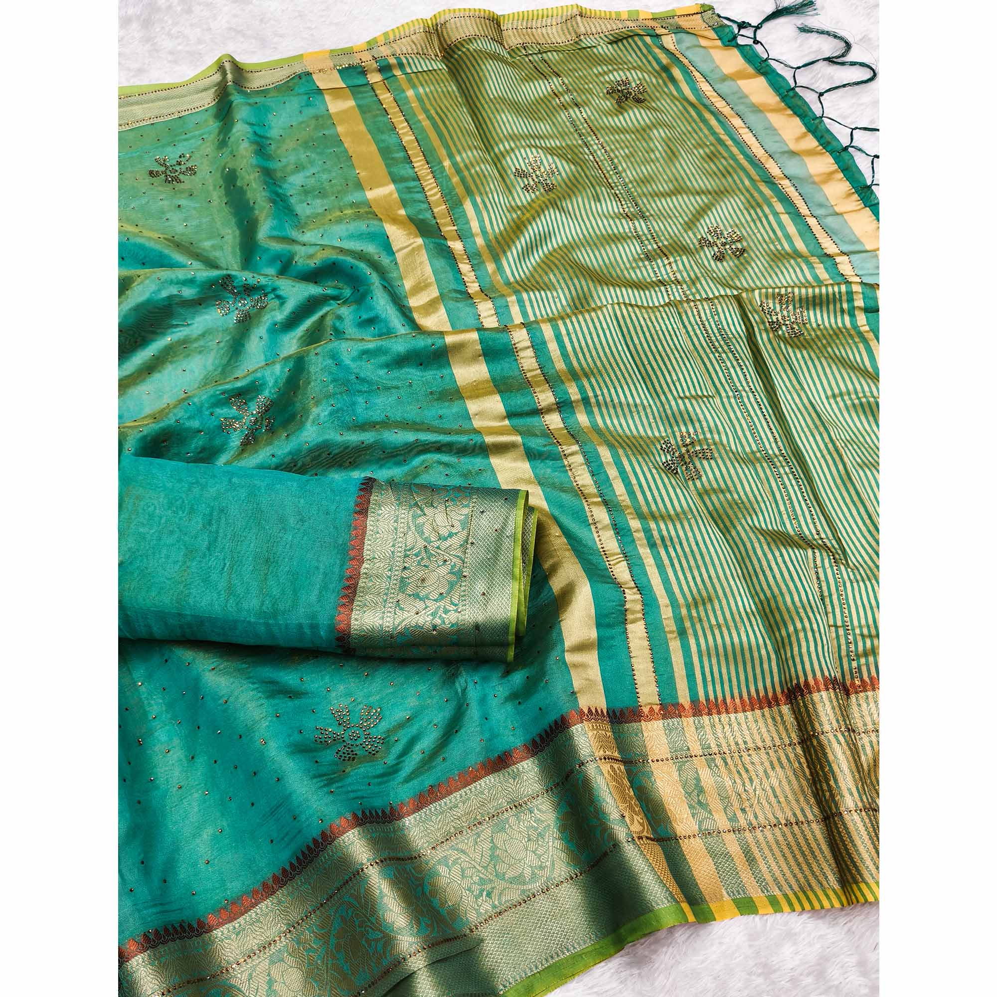 Exquisite Turquoise Floral Weaving Banarasi Crushy Silk Saree With Sparkling Stone Work