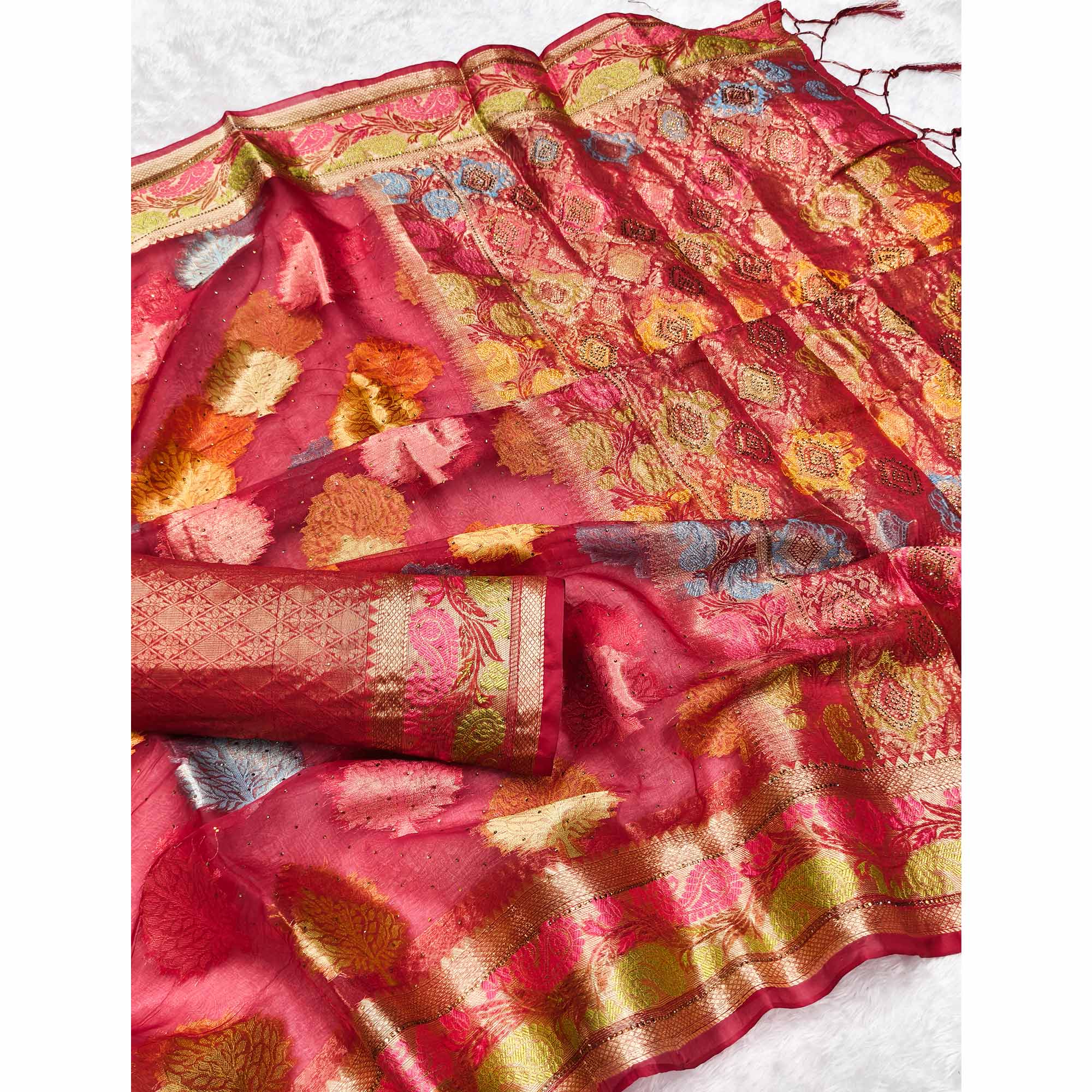 Graceful Cherry Red Banarasi Silk Saree Enhanced With Tree Motif Zari Weaving & Stone Work