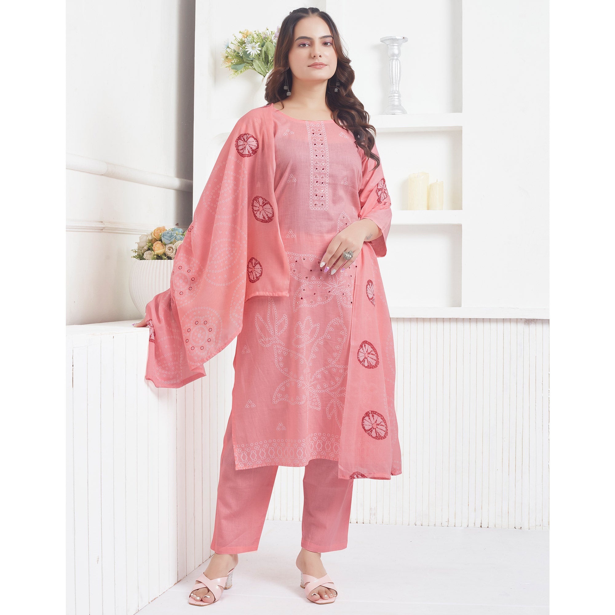 Peach Printed Pure Cotton Salwar Suit With Mirror Work