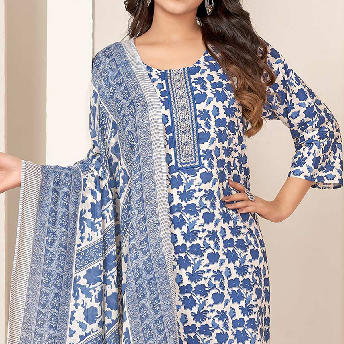 Blue Floral Printed Pure Cotton Salwar Suit