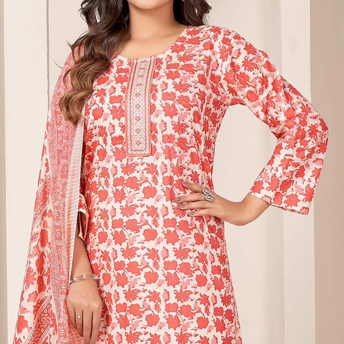 Peach Floral Printed Pure Cotton Salwar Suit