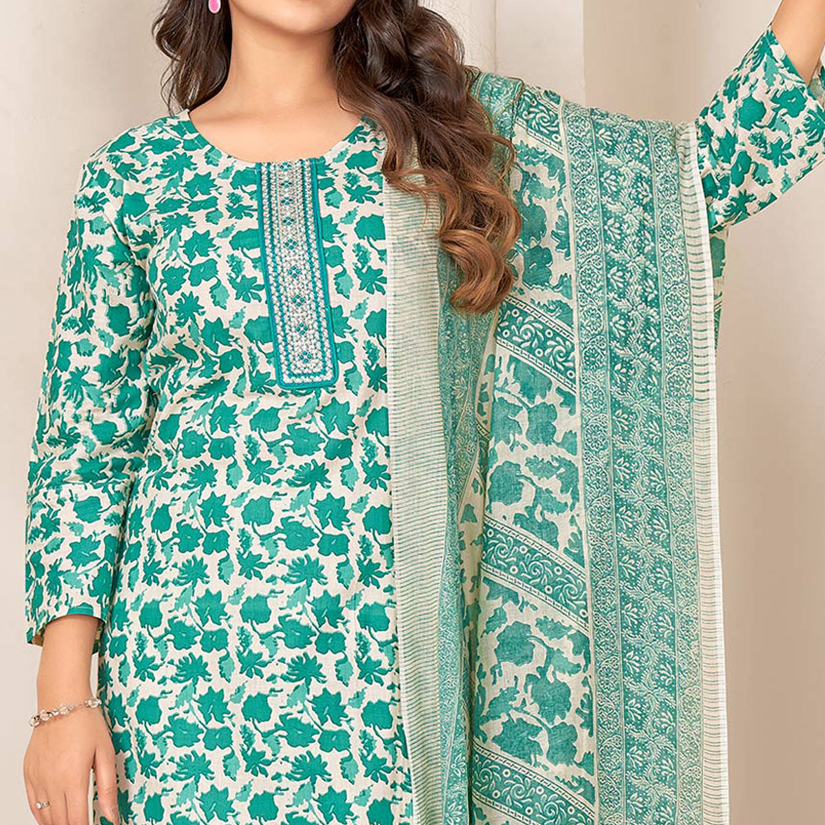 Rama Green Floral Printed Pure Cotton Salwar Suit