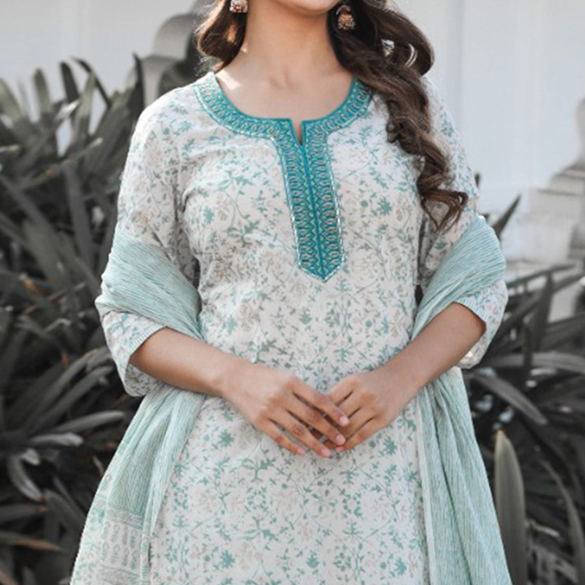 White And Green Jaipuri Printed Pure Cotton Suit