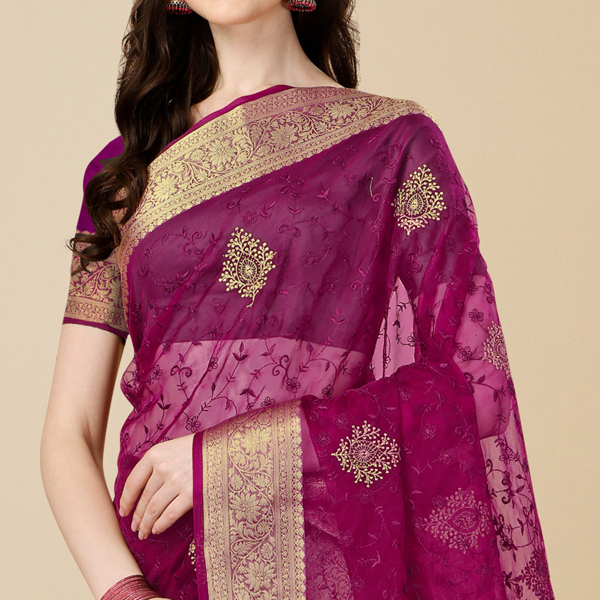 Purple Floral Embroidered Organza Saree
