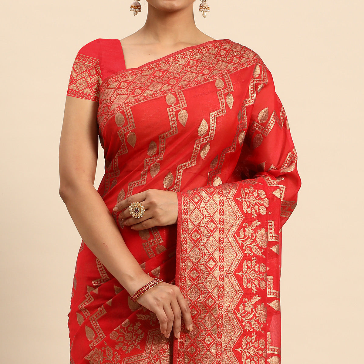 Red Floral Woven Organza Silk Saree With Tassels