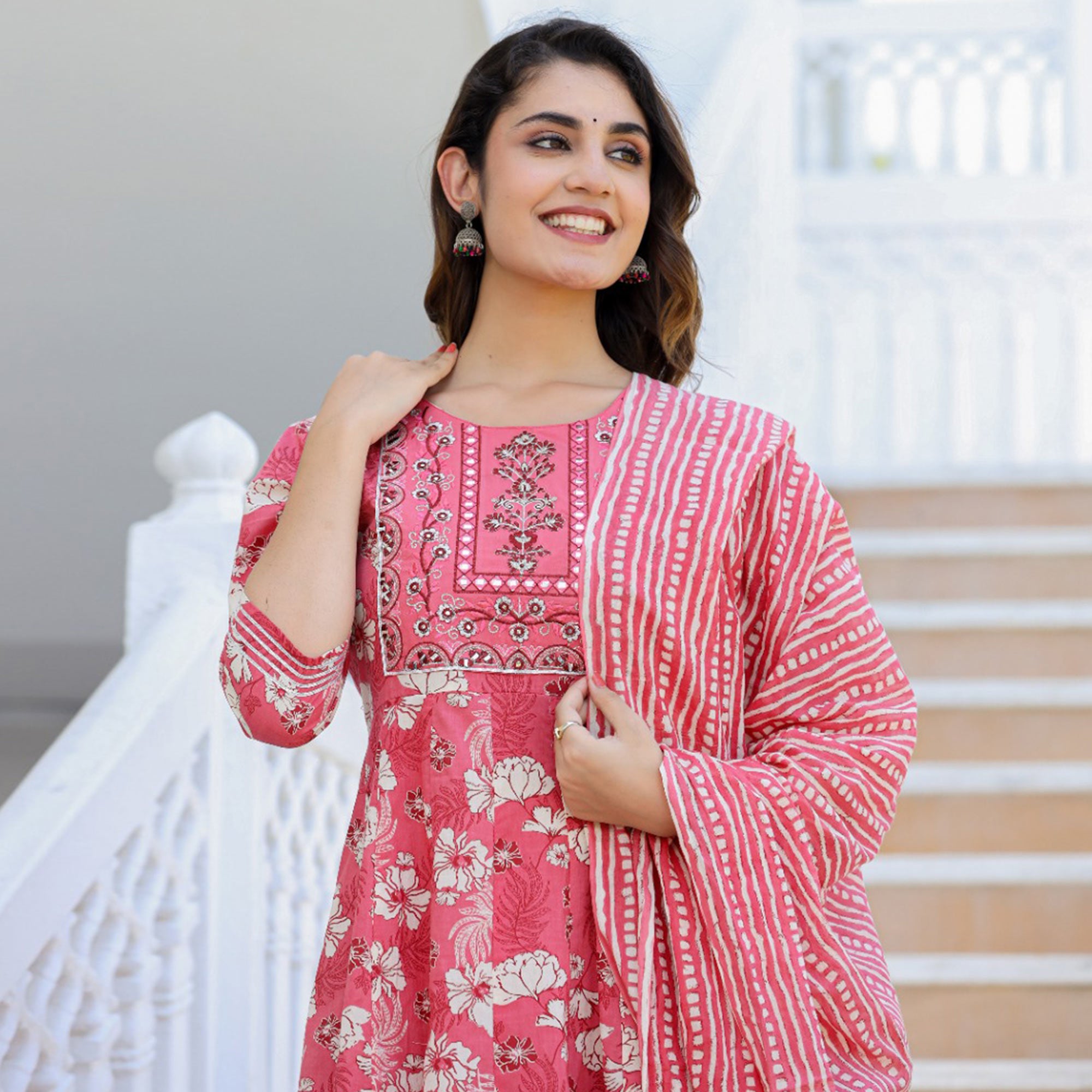 Persian Red Printed With Embroidered Pure Cotton Anarkali Suit