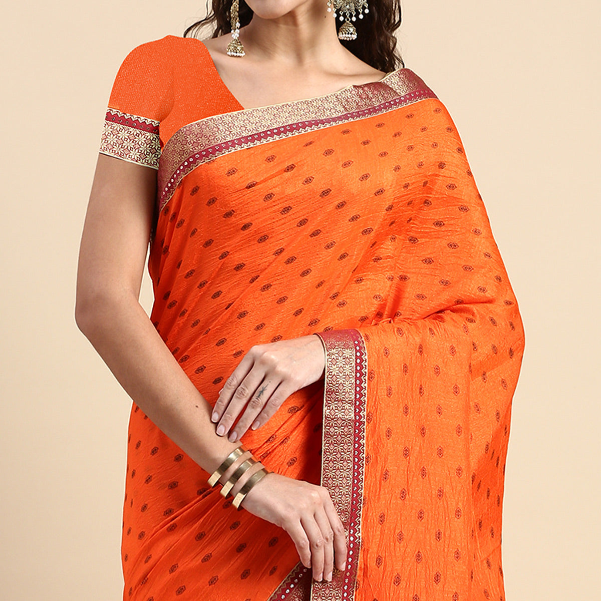 Orange Printed Vichitra Silk Saree