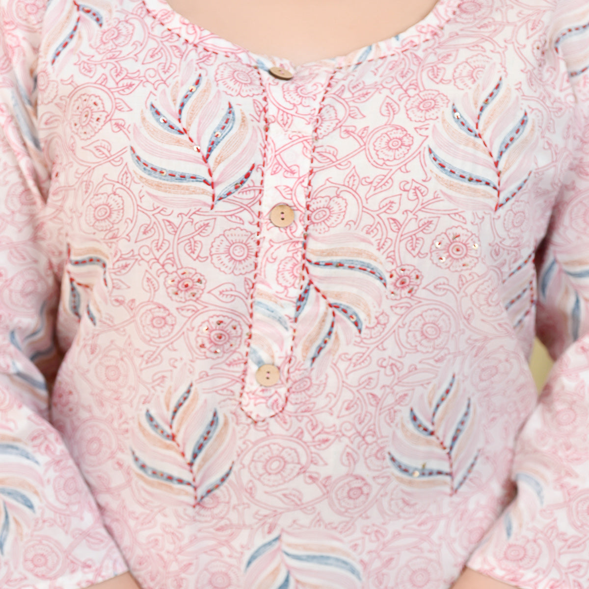Pink & White Floral Printed Pure Cotton Kurti
