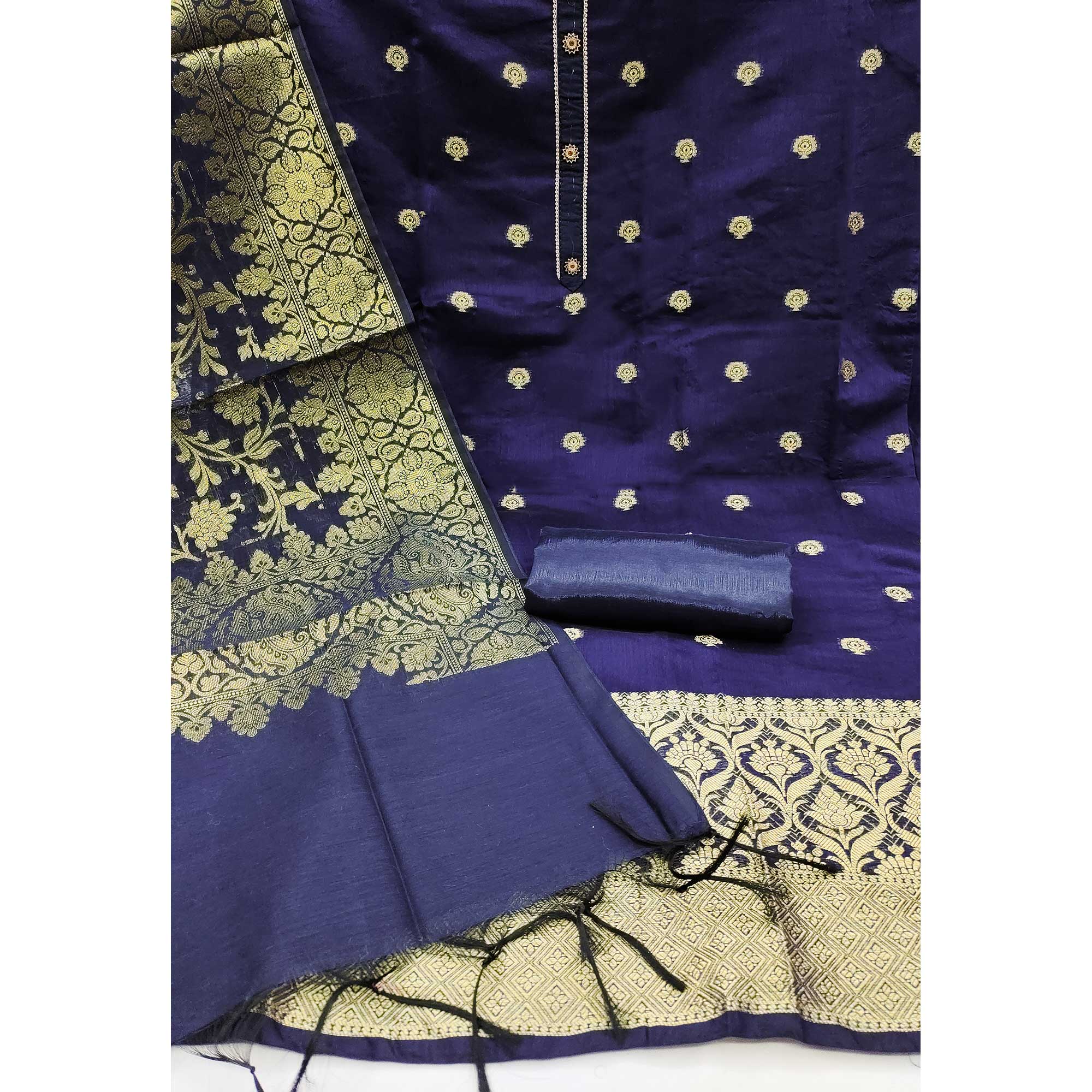 Navy Blue Floral Woven Banarasi Silk Dress Material