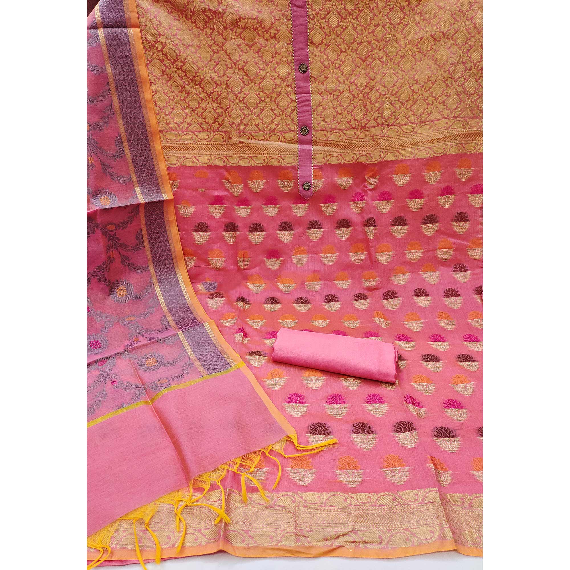 Pink Floral Woven Banarasi Silk Dress Material