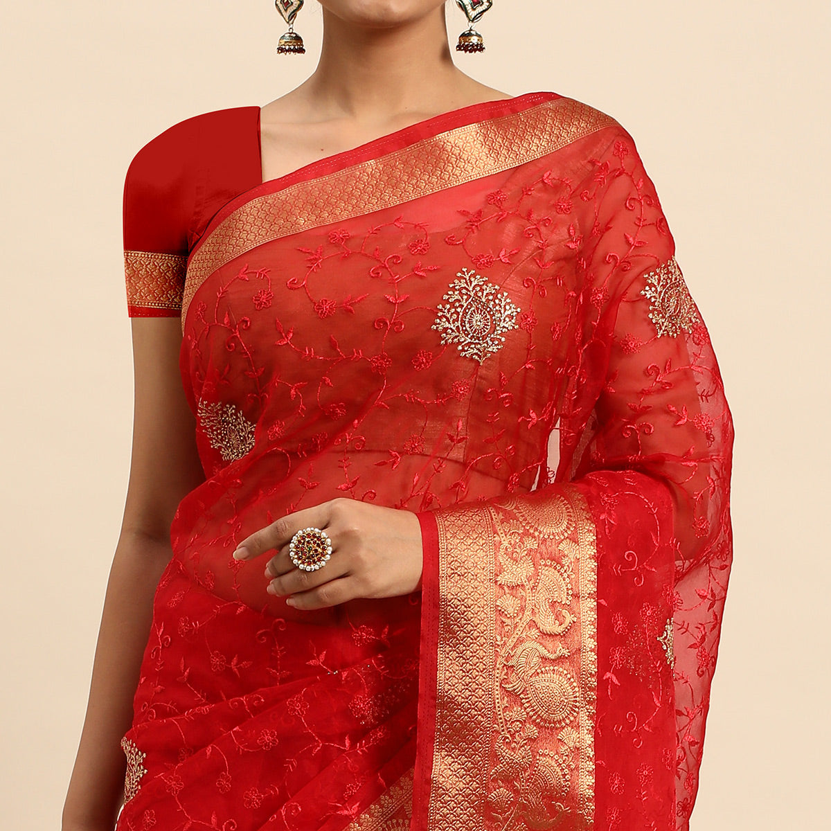 Red Floral Embroidered Organza Saree