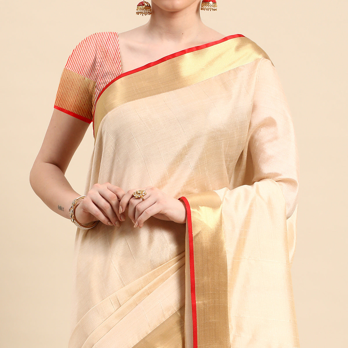 Beige Woven Zari Cotton Silk Saree