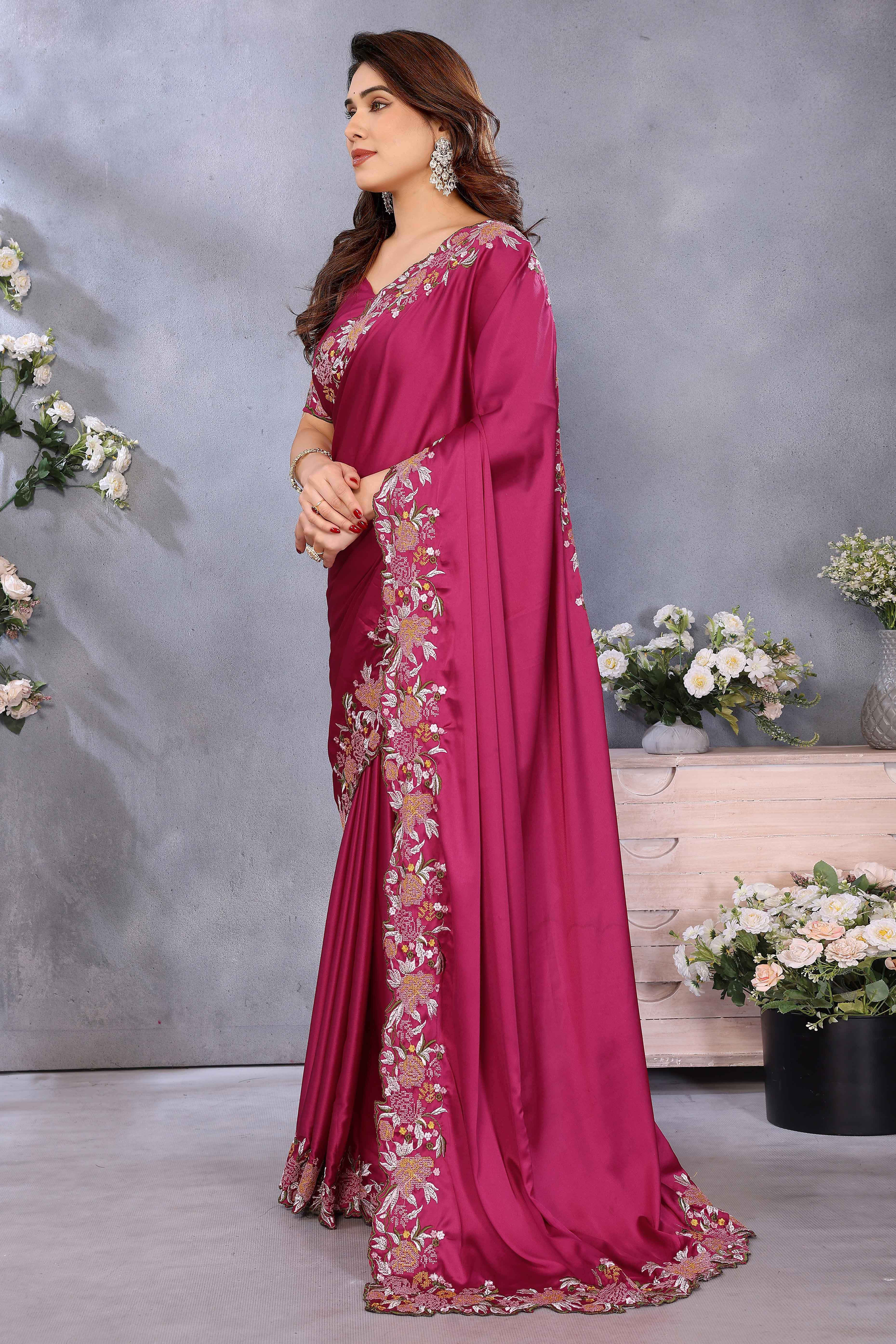 Rose Pink Satin Saree with Artistic Floral Embroidery and Soft Resham Detailing