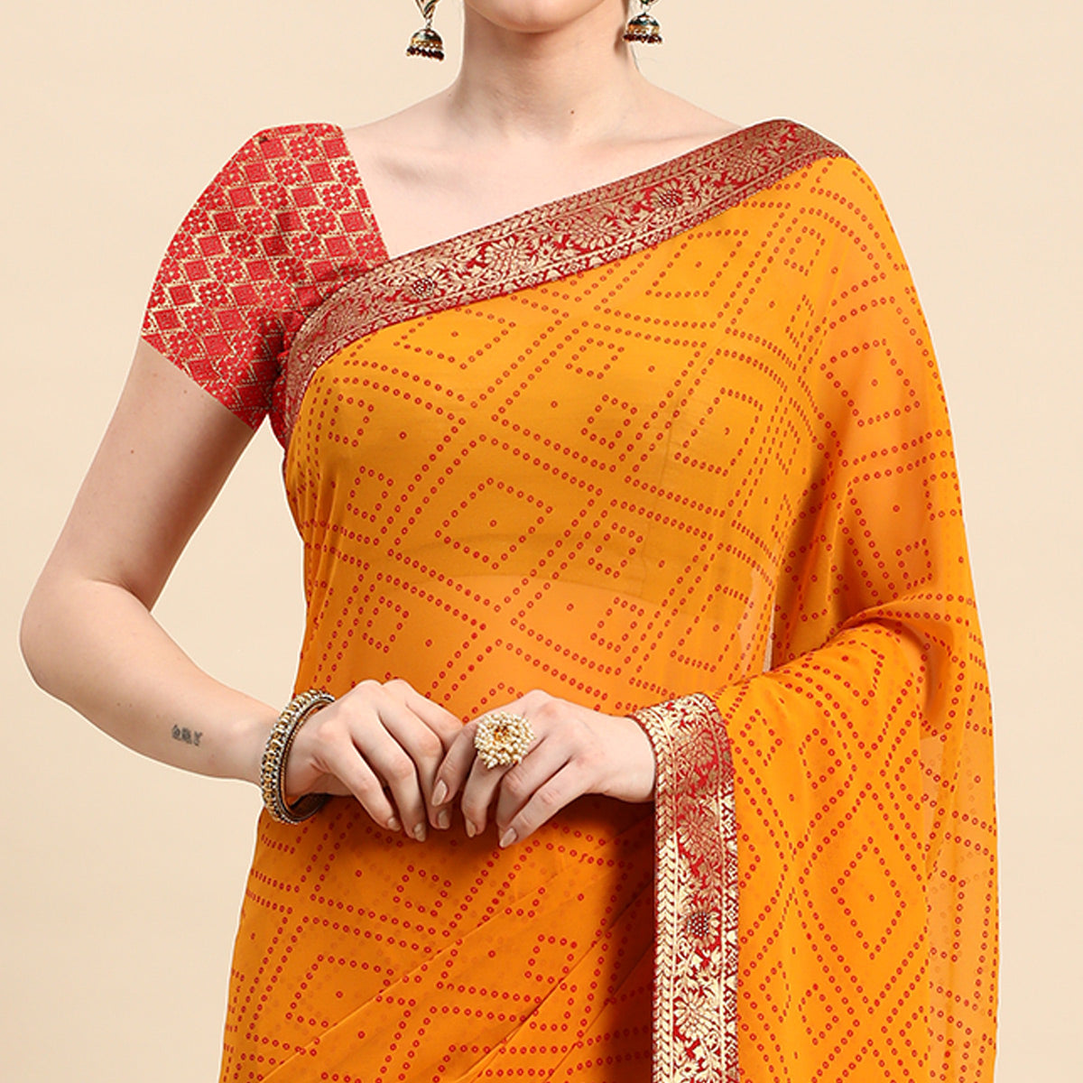 Yellow Foil Printed With Swarovski Georgette Saree