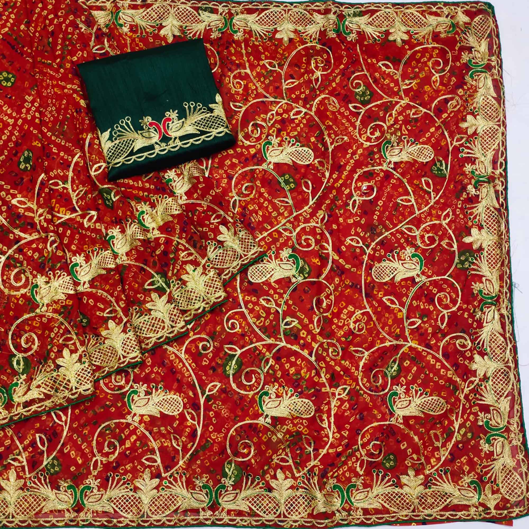 Red Bandhani Printed With Embroidered Georgette Saree