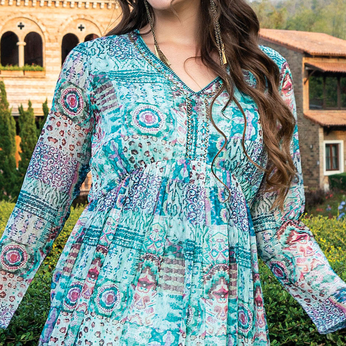 Turquoise Green Printed With Handwork Chiffon Dress