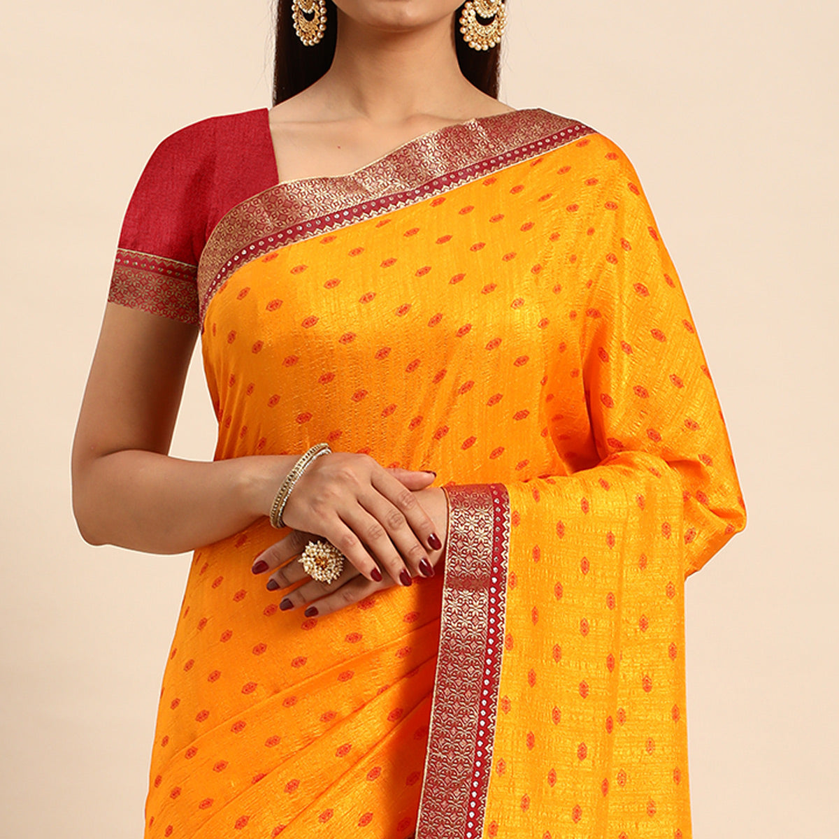 Mustard Printed Vichitra Silk Saree