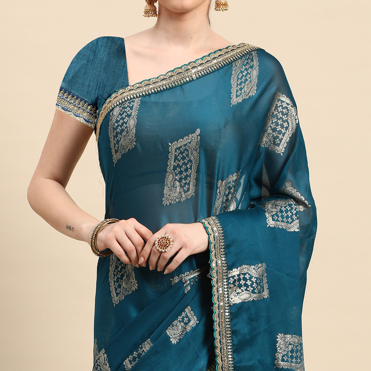 Blue Foil Printed With Embroidered Border Chiffon Saree