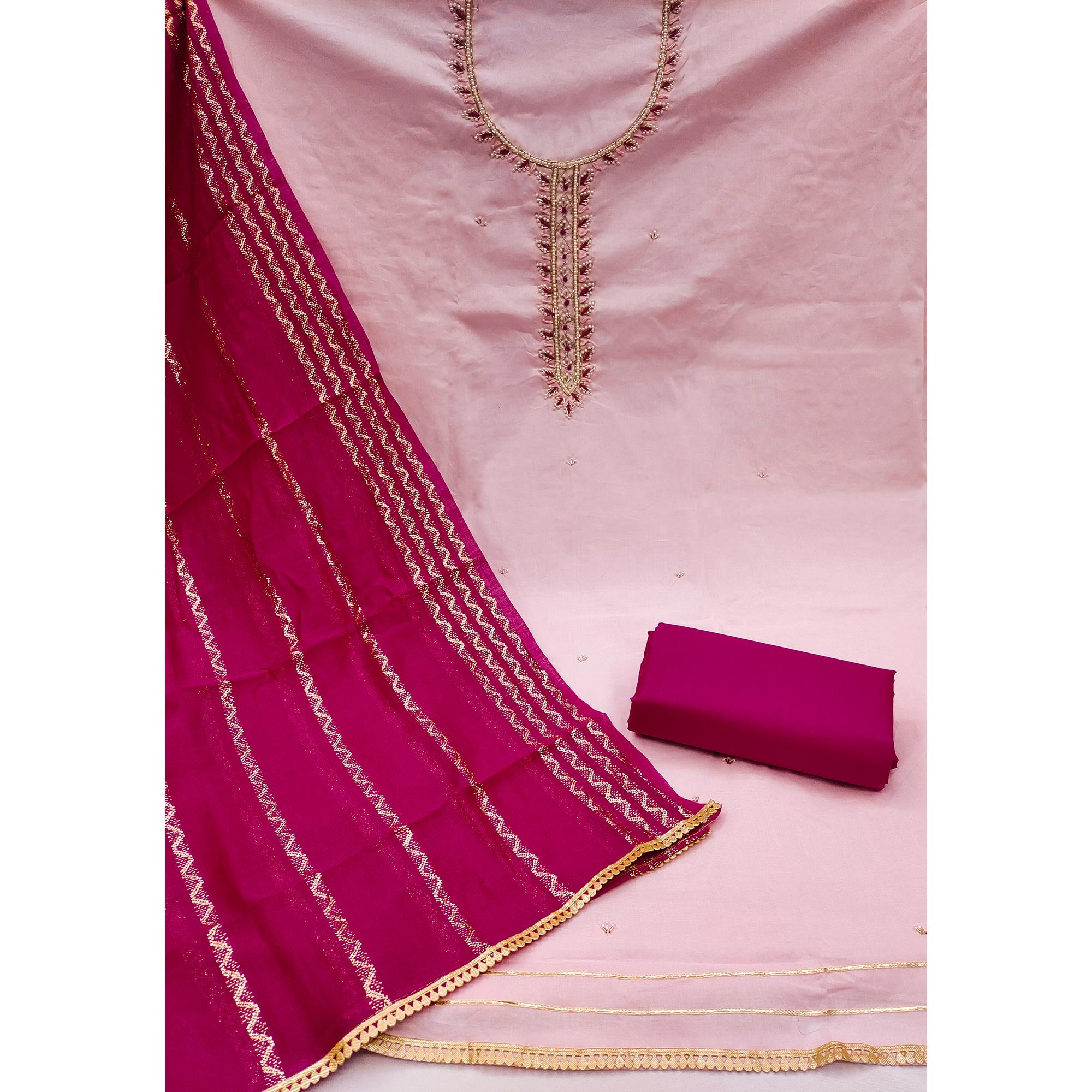 Pink Zardosi Moti Work Pure Cotton Dress Material