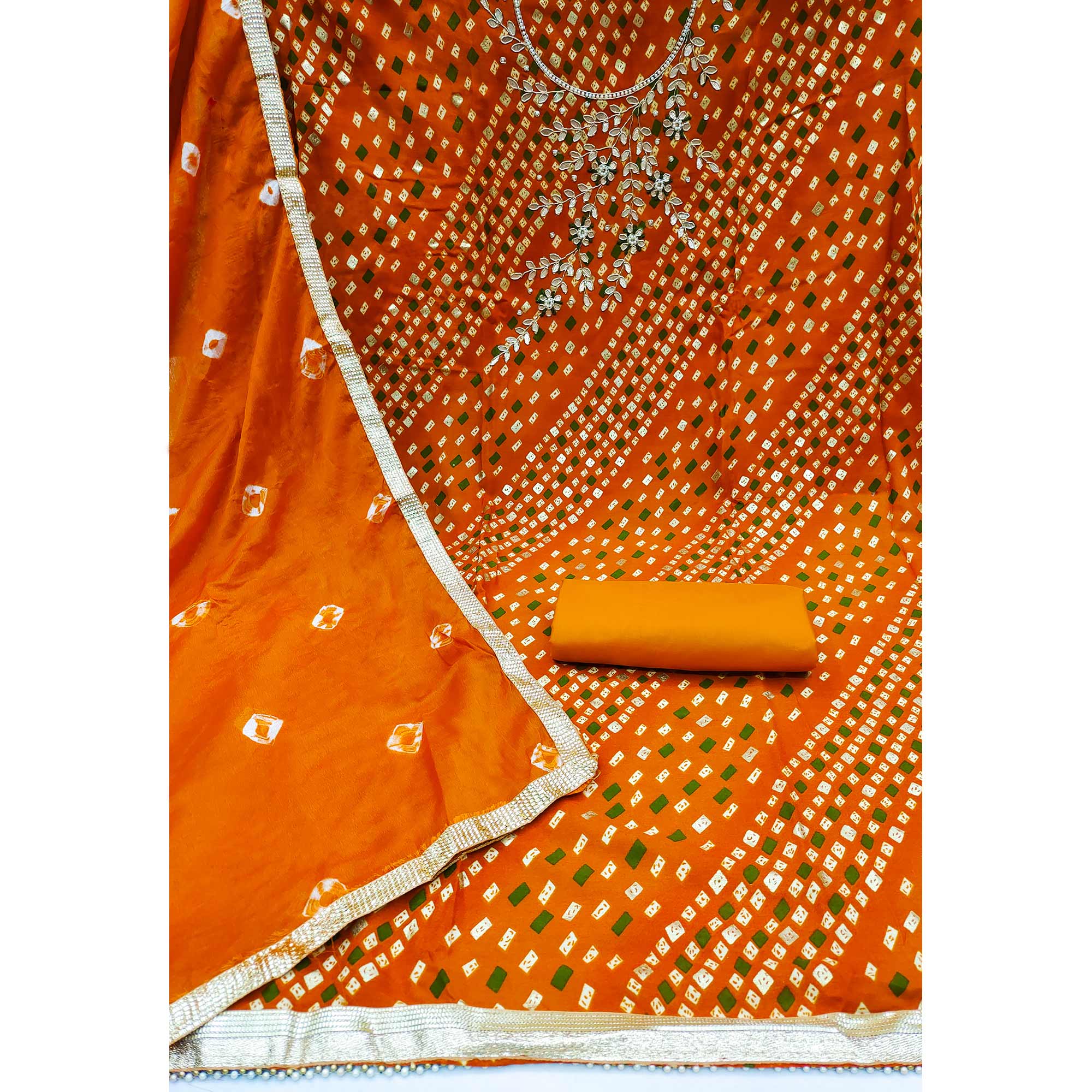 Mustard Printed With Handwork Pure Cotton Dress Material