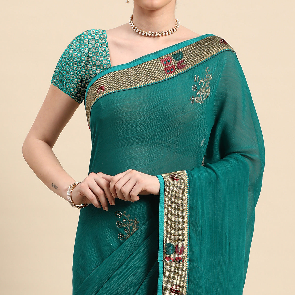 Turquoise Green Foil Printed With Swarovski Zomato Silk Saree