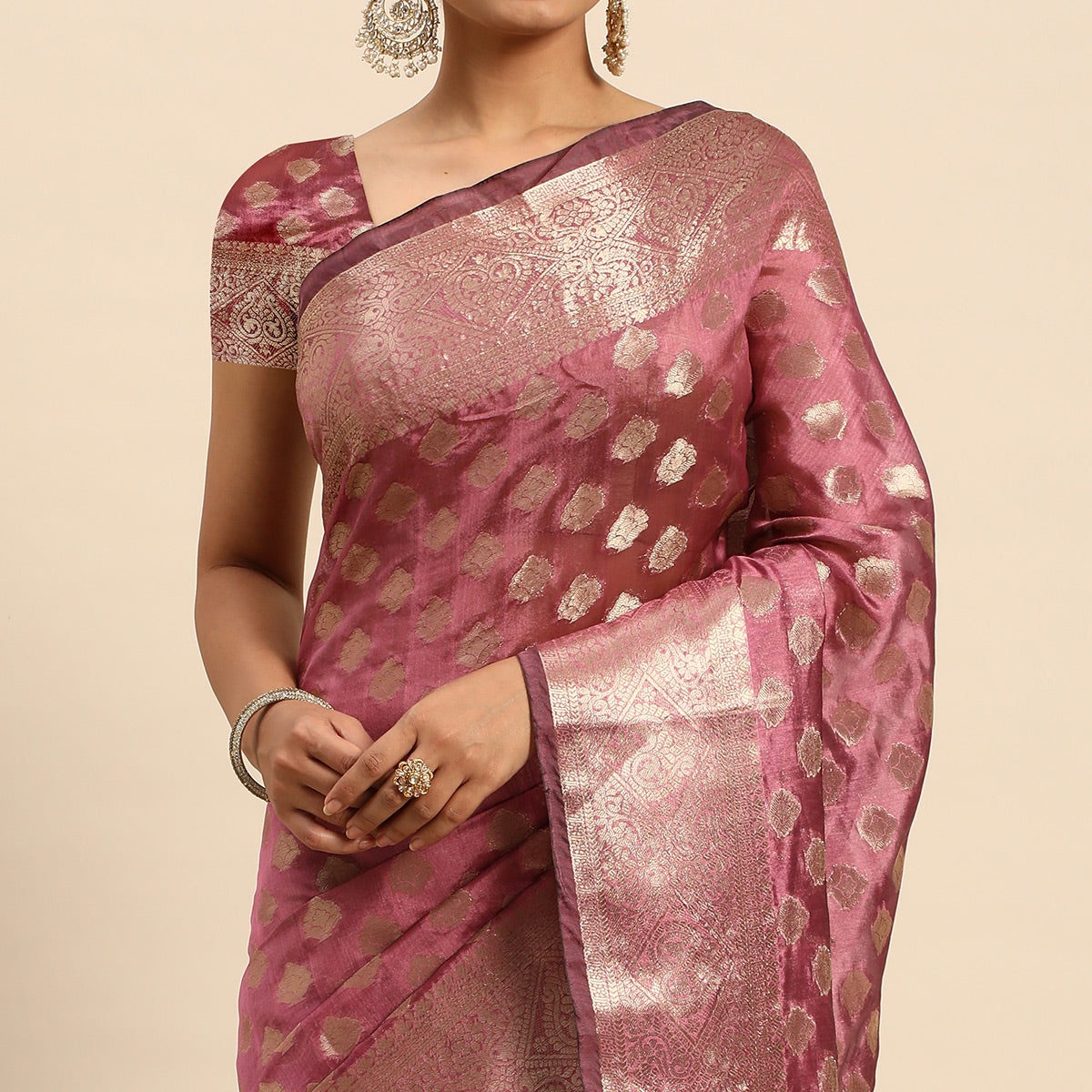 Purple Woven Organza Silk Saree With Tassels
