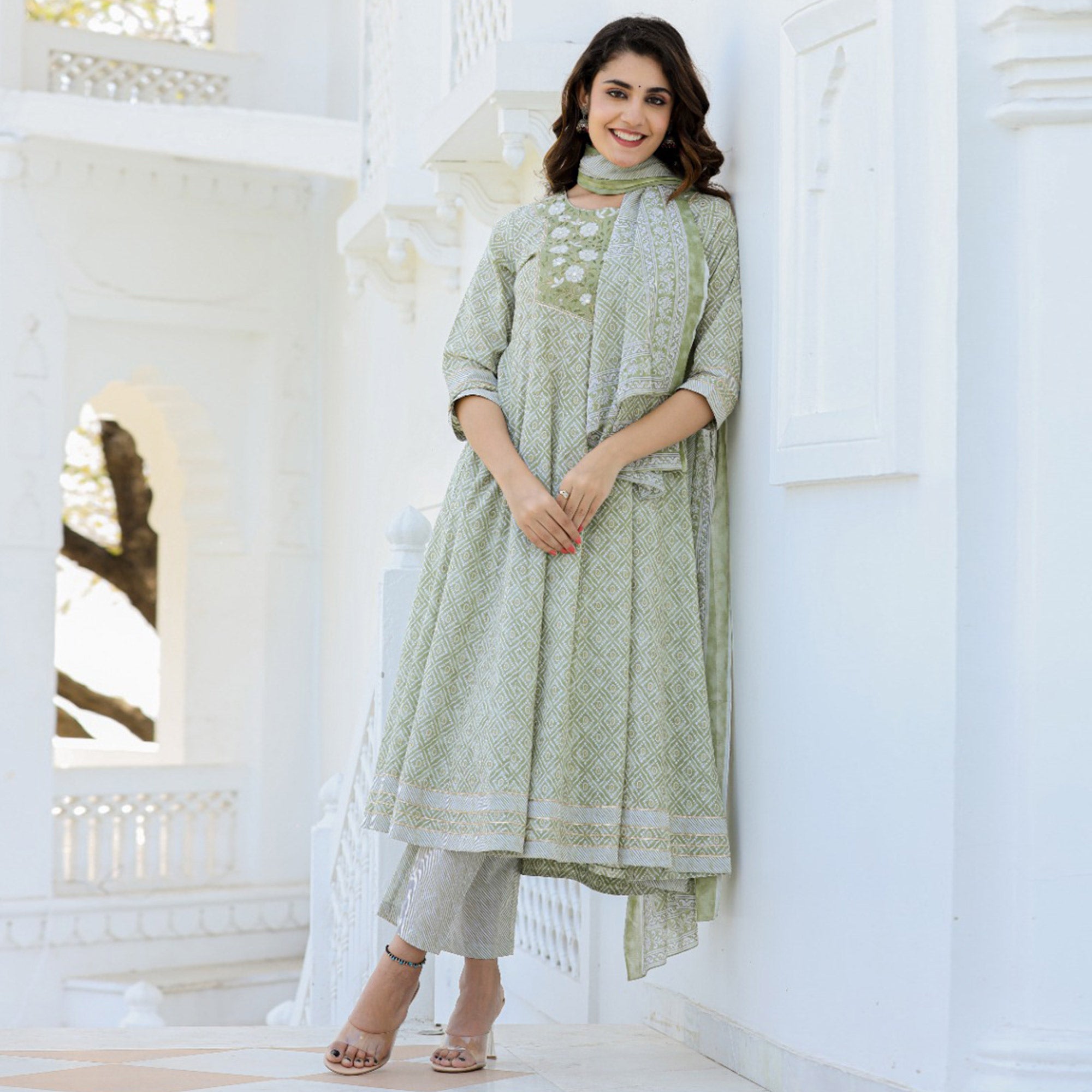 Green Printed With Embroidered Pure Cotton Anarkali Suit