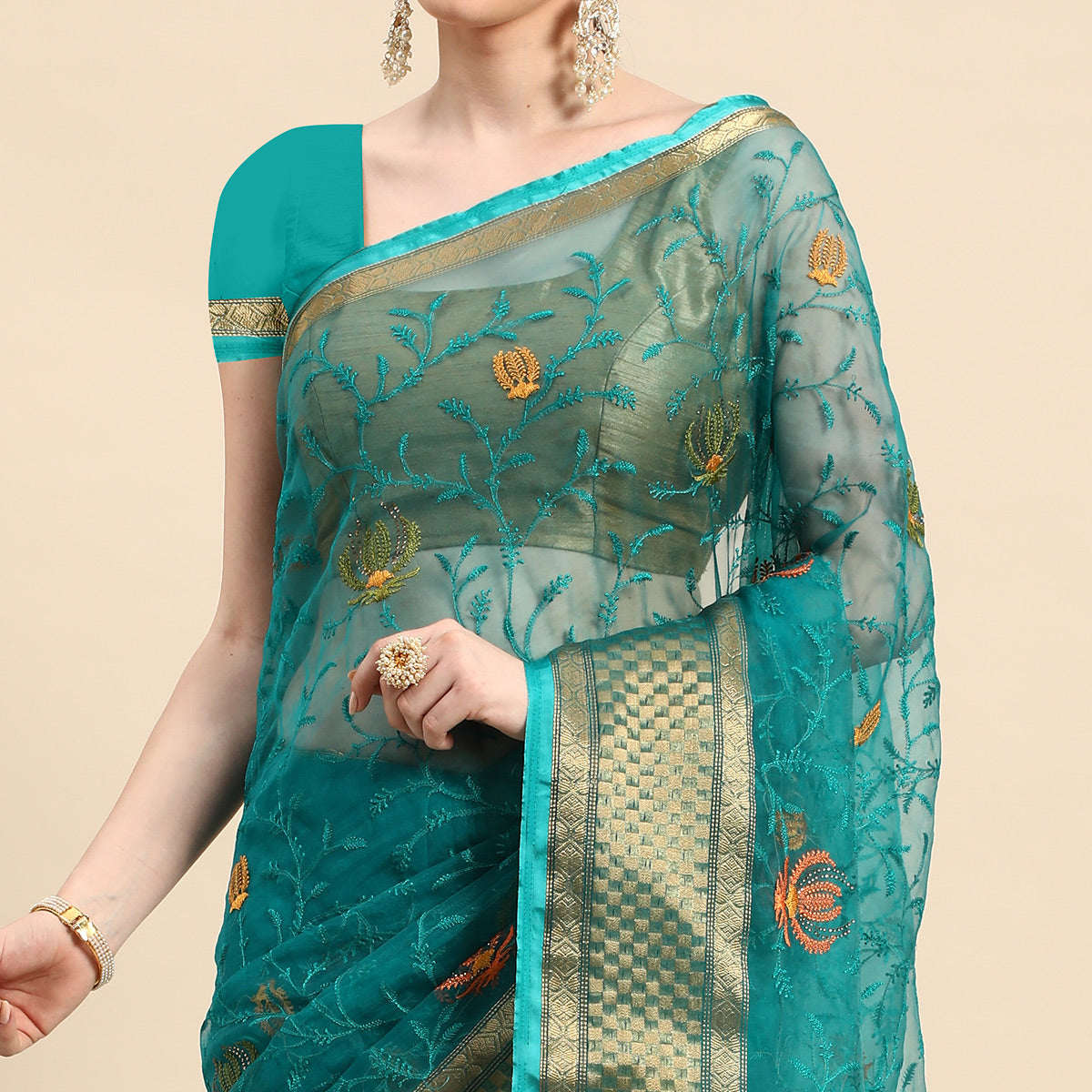 Turquoise Floral Embroidered Organza Saree