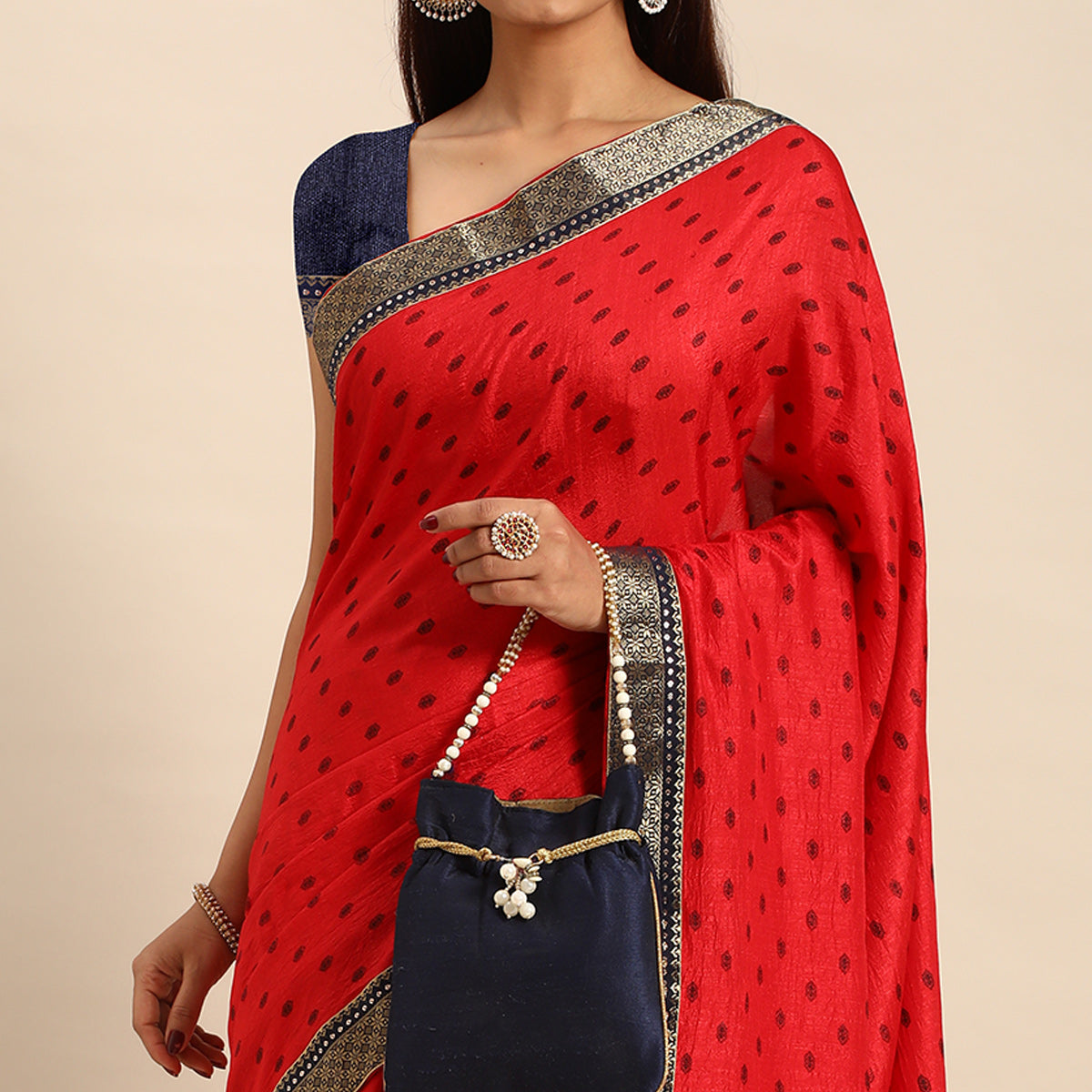 Red Printed Vichitra Silk Saree