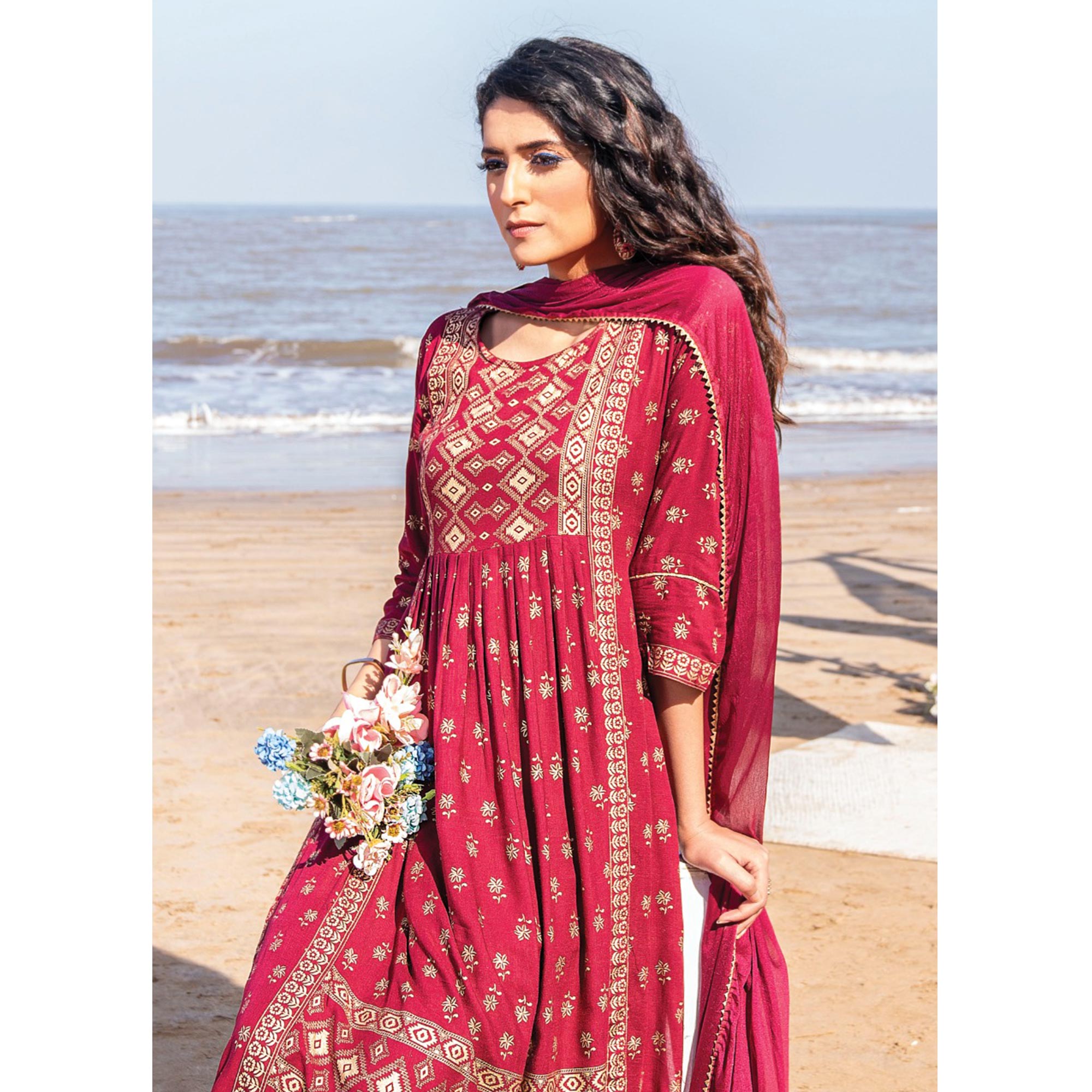 Pink Foil Printed Rayon Naira Cut Suit
