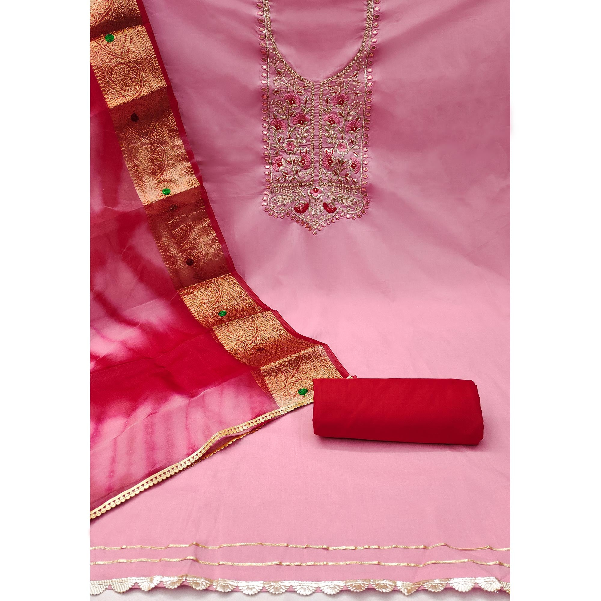 Pink Floral Embroidered Pure Cotton Dress Material