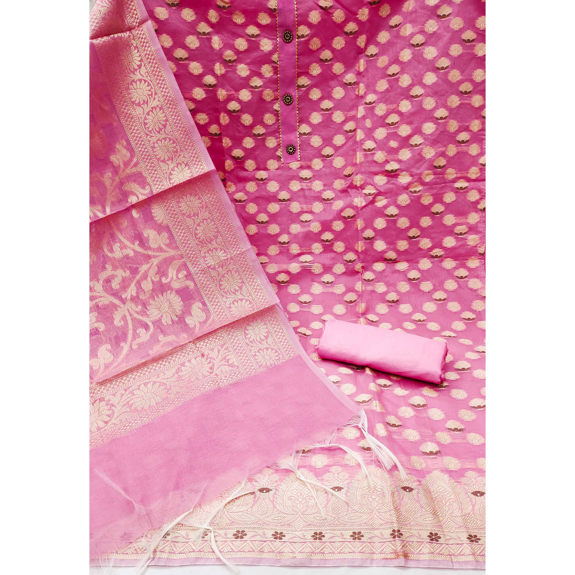 Pink Woven Banarasi Silk Dress Material