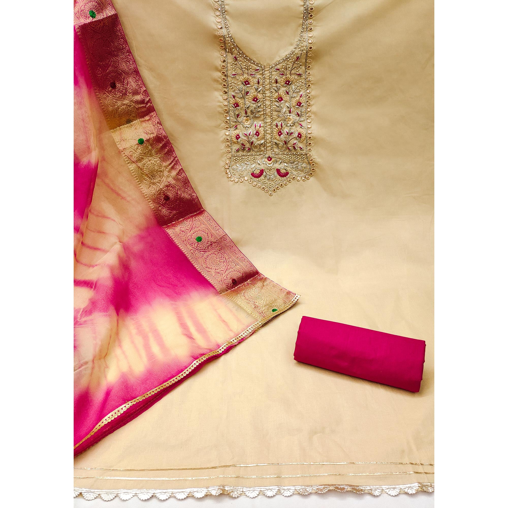 Chikoo Floral Embroidered Pure Cotton Dress Material