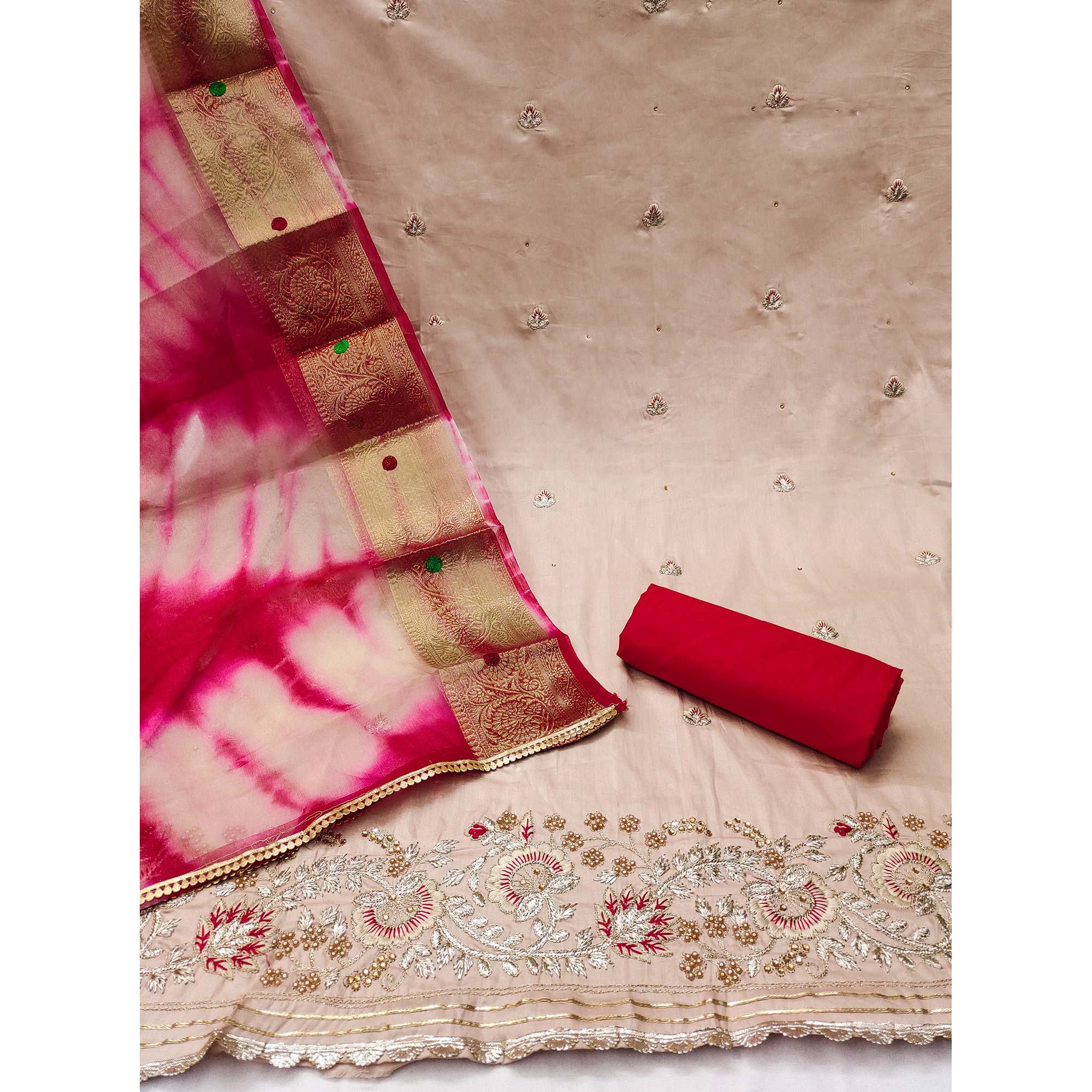 Beige Floral Embroidered Pure Cotton Dress Material