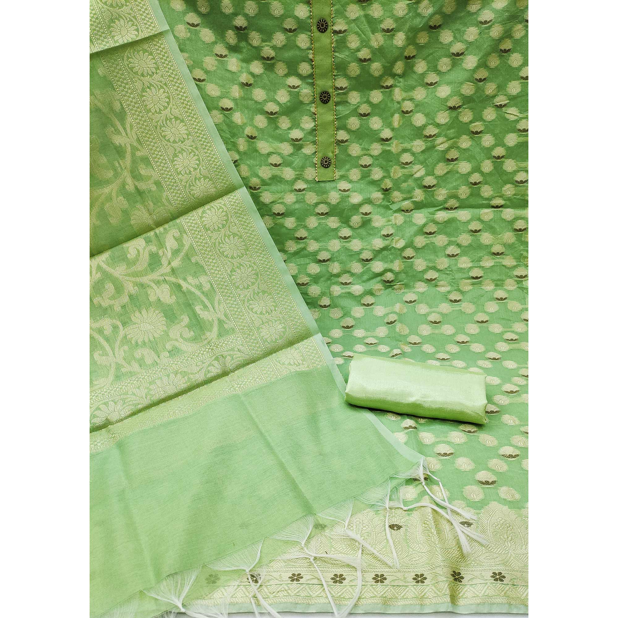 Green Woven Banarasi Silk Dress Material