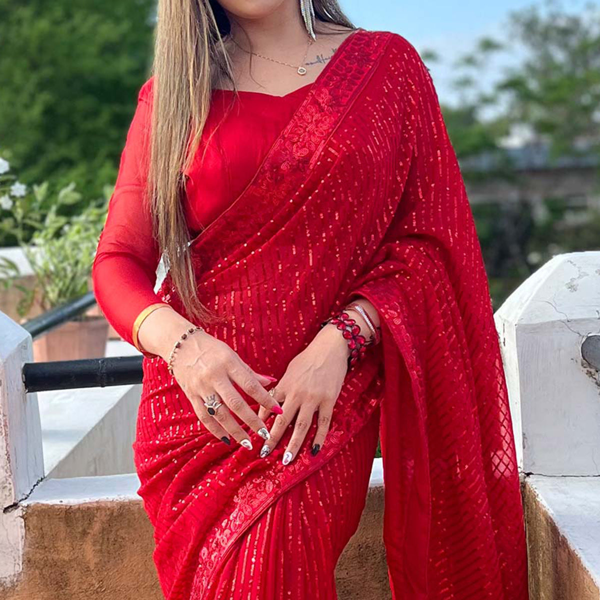 Red Sequins Embroidered Georgette Saree