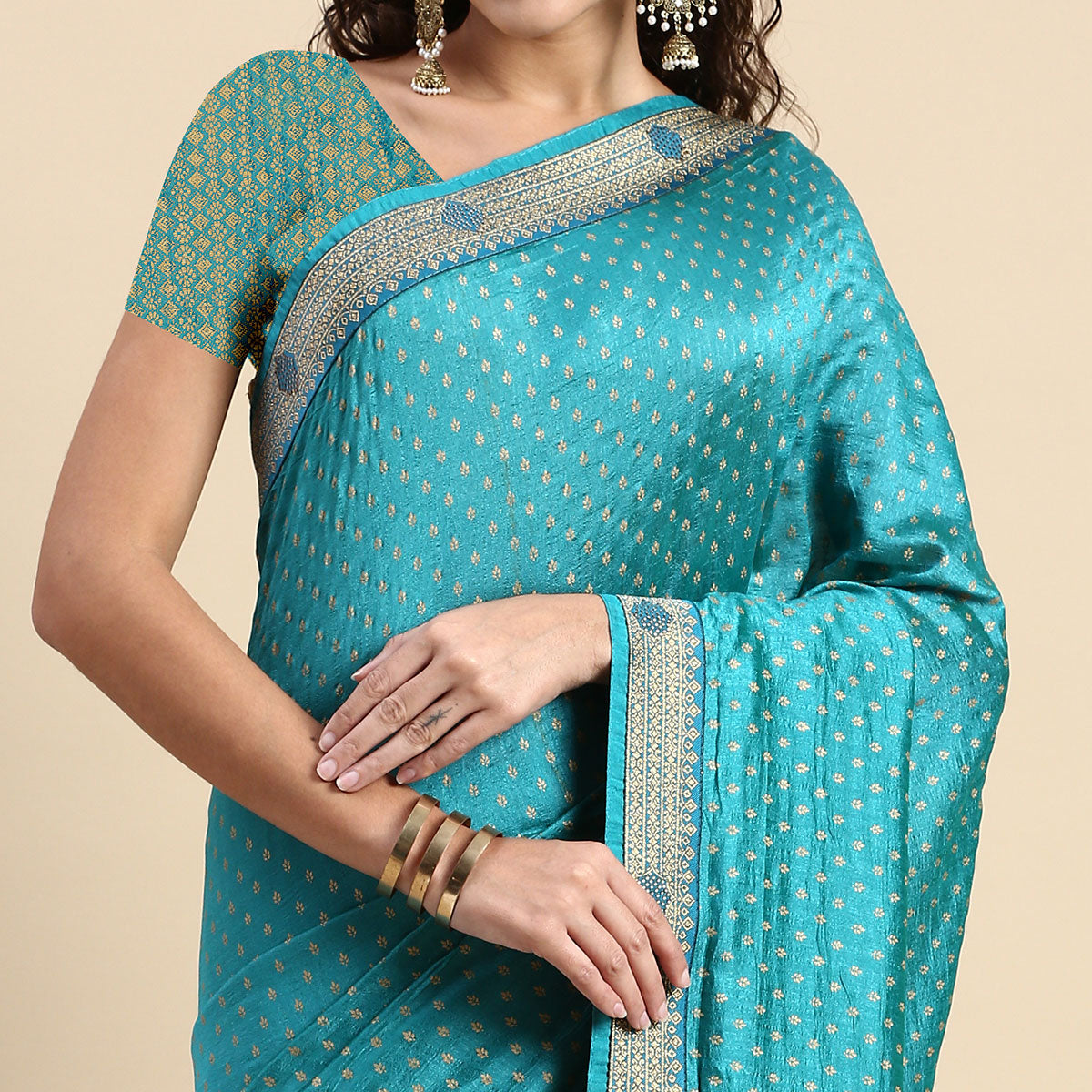 Blue Foil Printed With Swarovski Vichitra Silk Saree