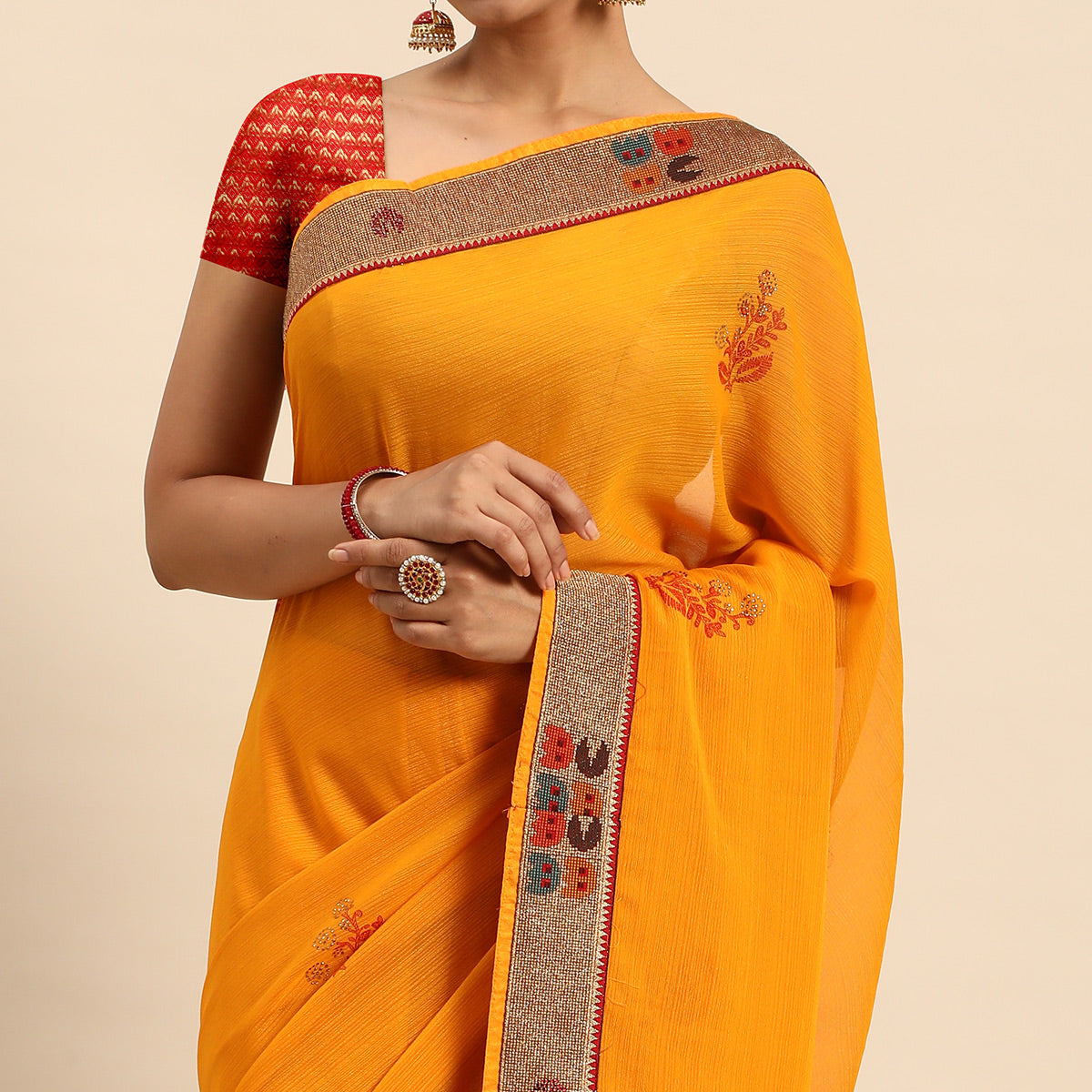 Yellow Foil Printed With Swarovski Zomato Silk Saree