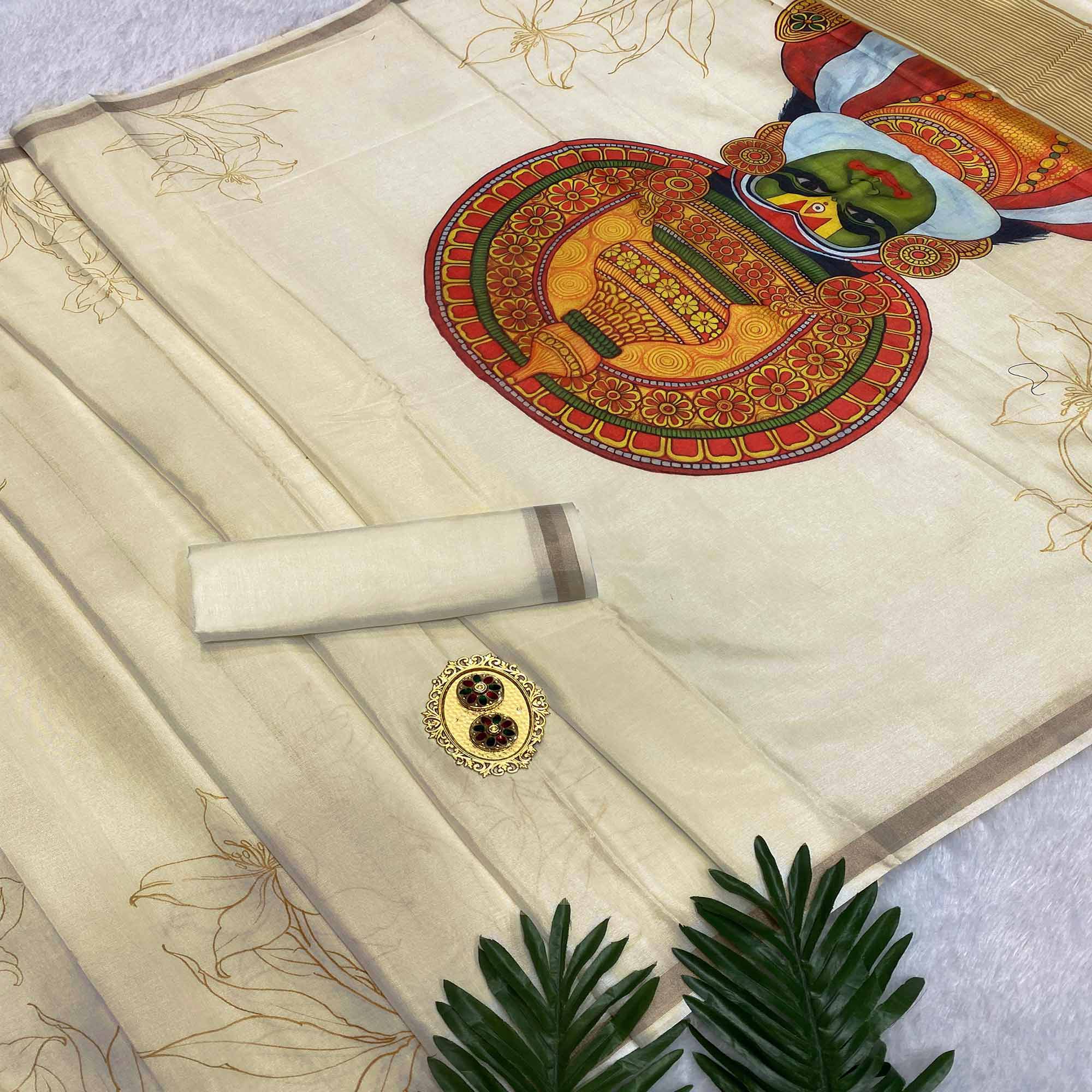 Off White Admirable Kathakali Printed Soft Tussar Cotton Silk Saree