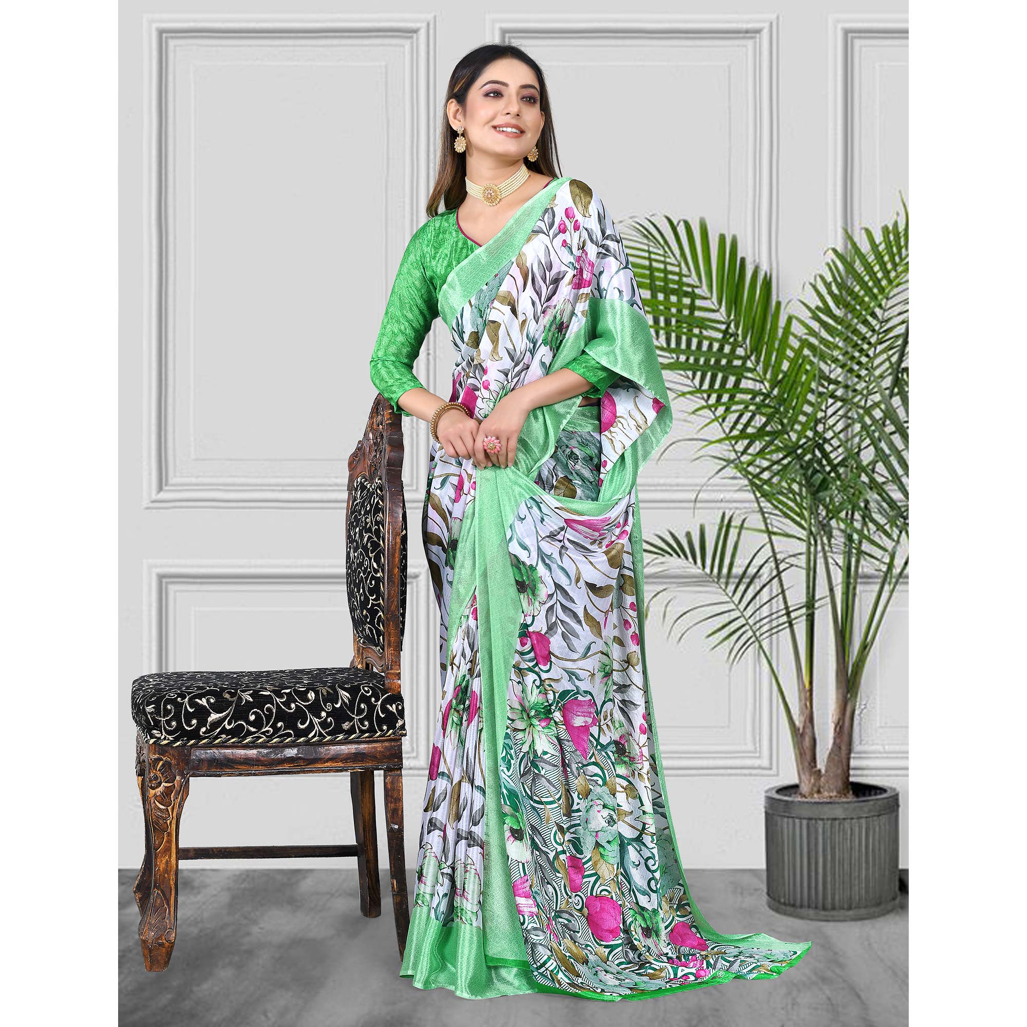 White & Green Floral Printed Chiffon Saree