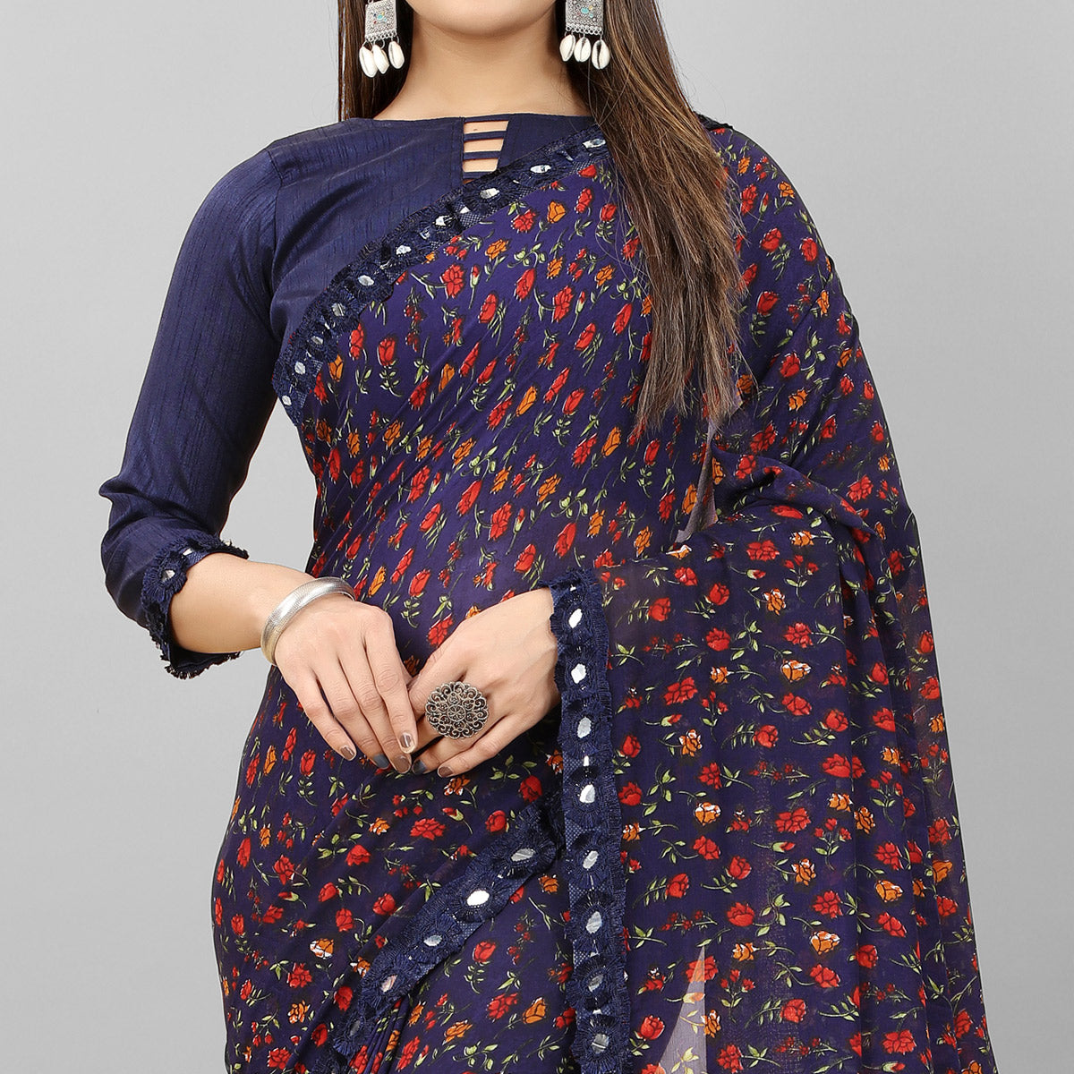 Navy Blue Floral Printed Georgette Saree