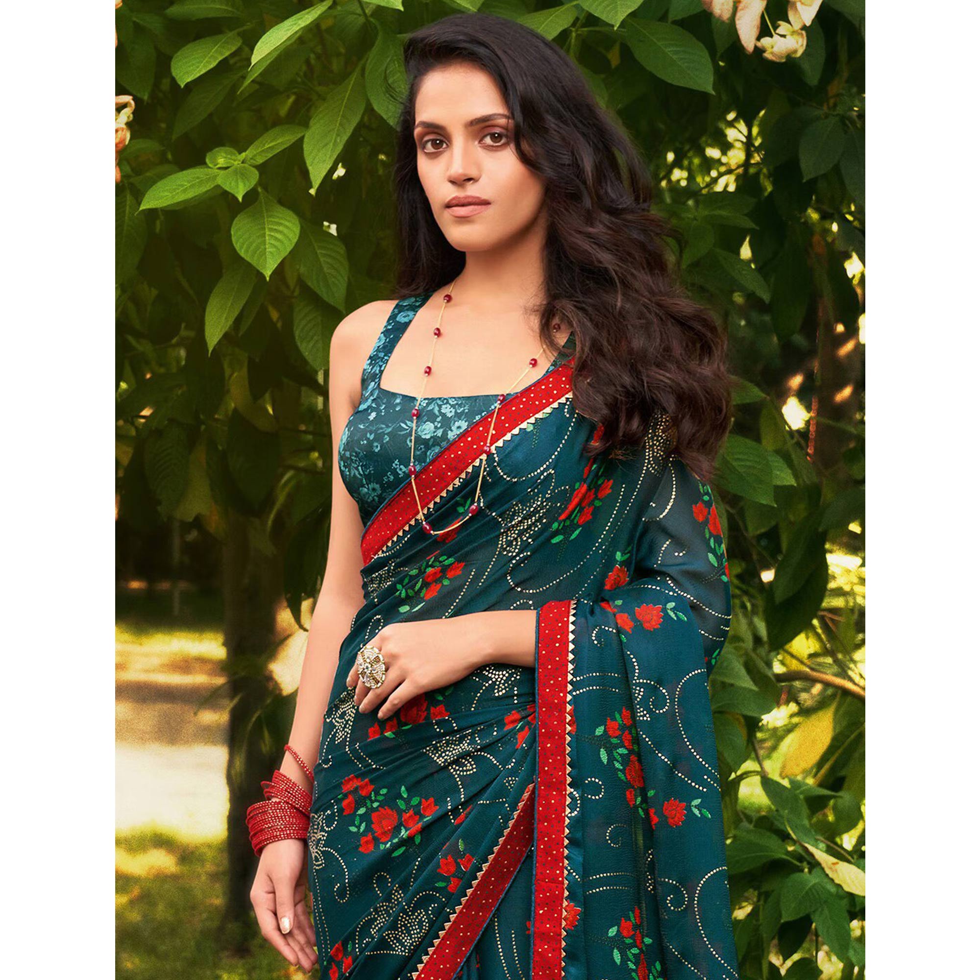 Teal Blue Floral Foil Printed Chiffon Saree