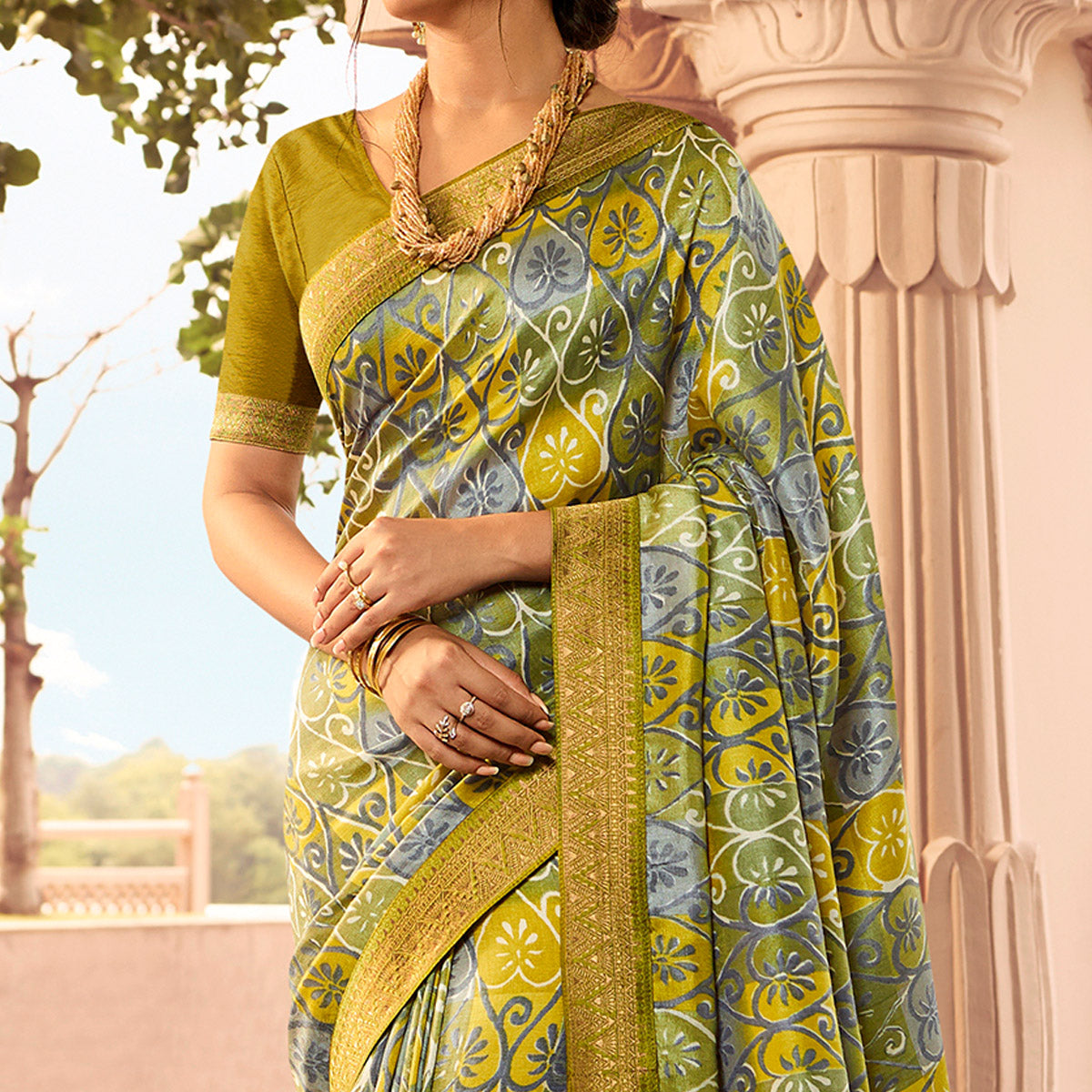 Olive Green Printed Art Silk Saree
