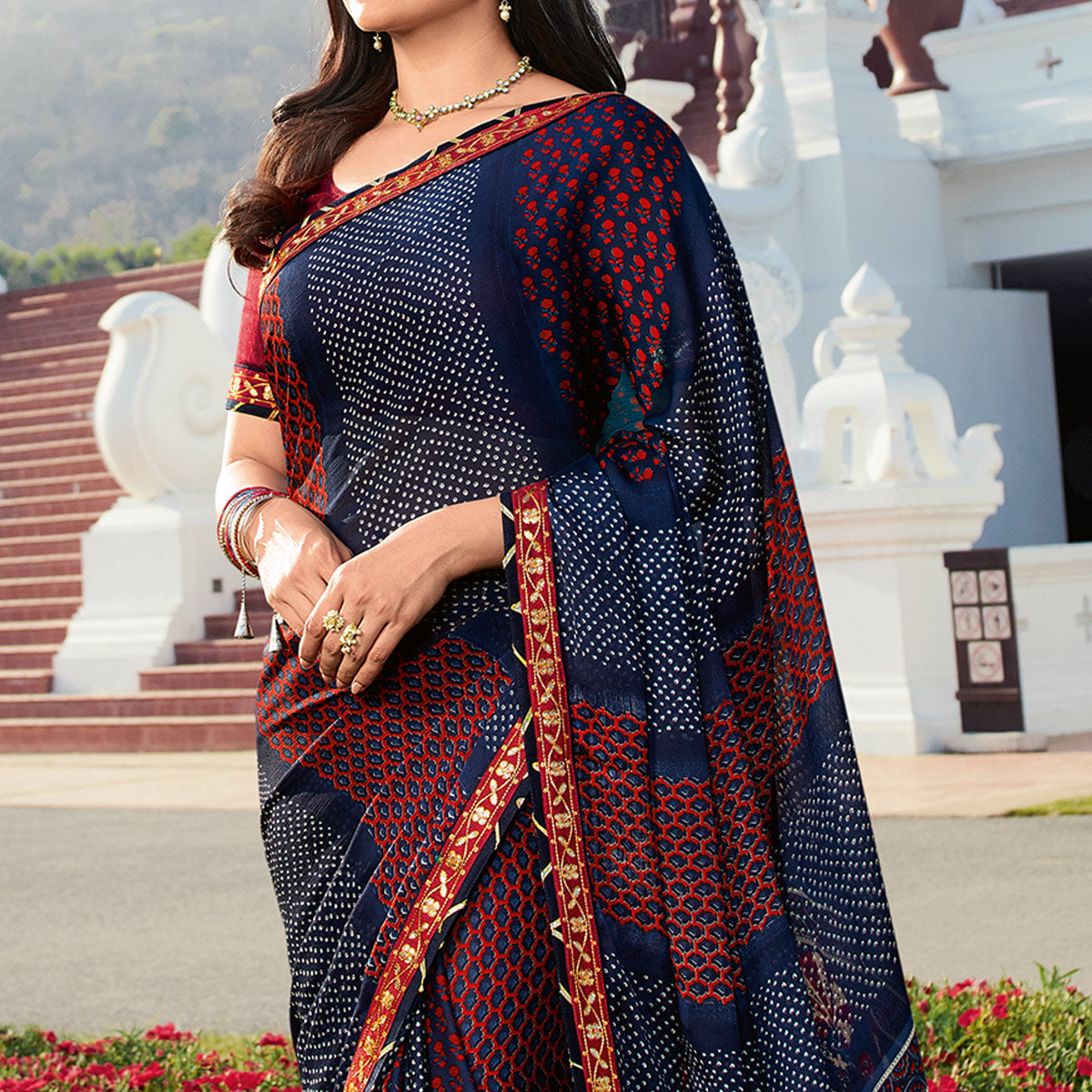 Blue Bandhani Printed Chiffon Saree