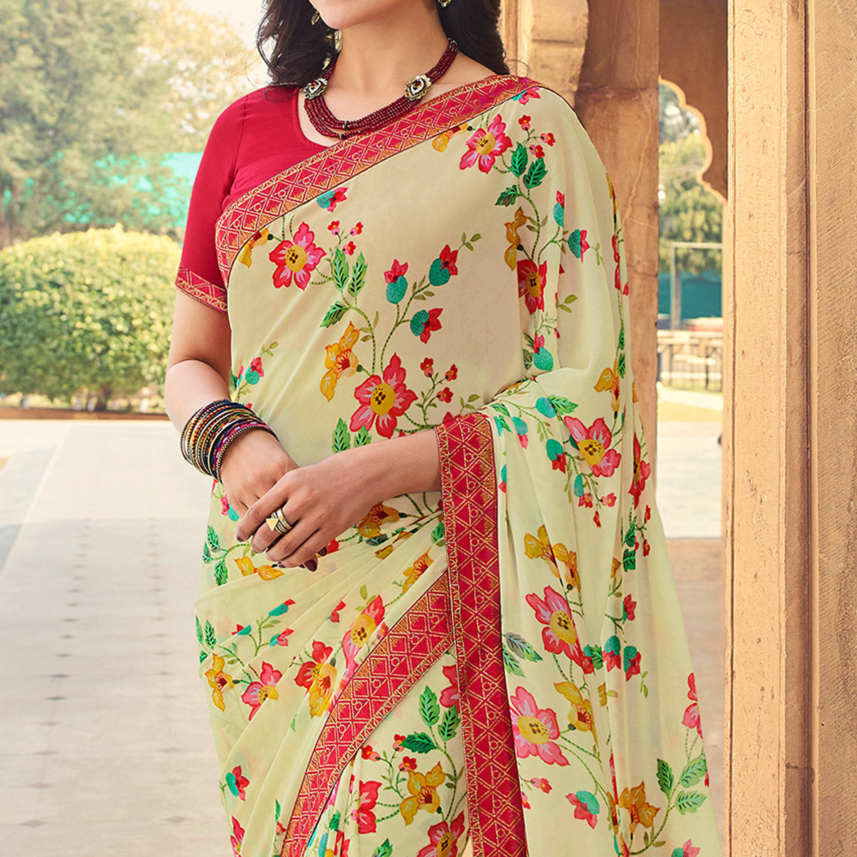 Beige Floral Printed Georgette Saree