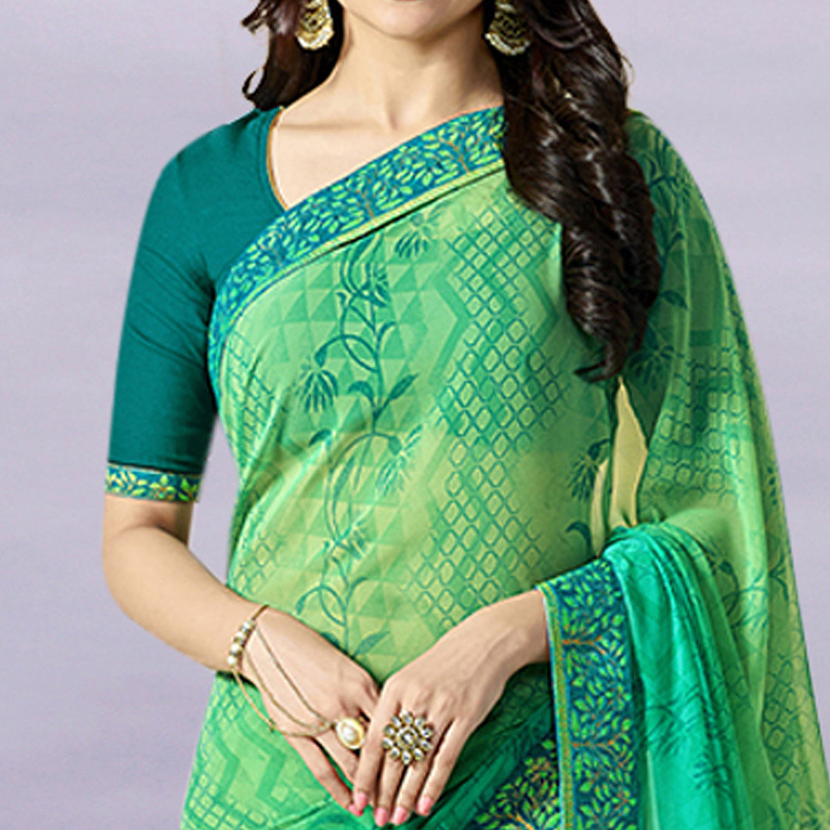 Green Floral Printed Georgette Saree