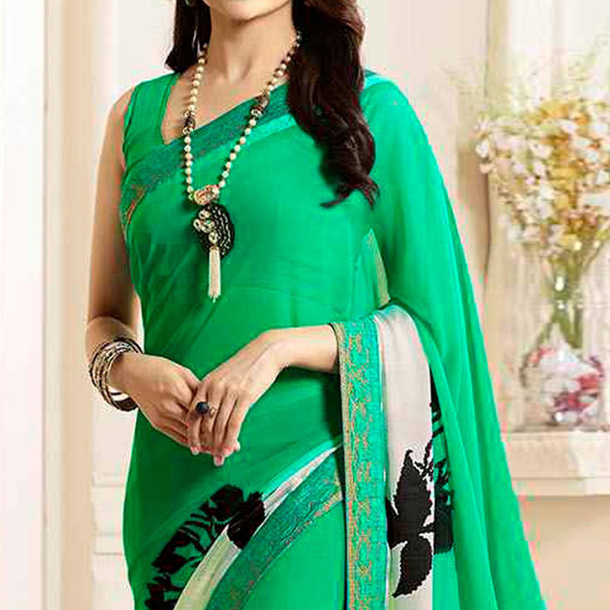 Green Printed Georgette Saree With Lace Border