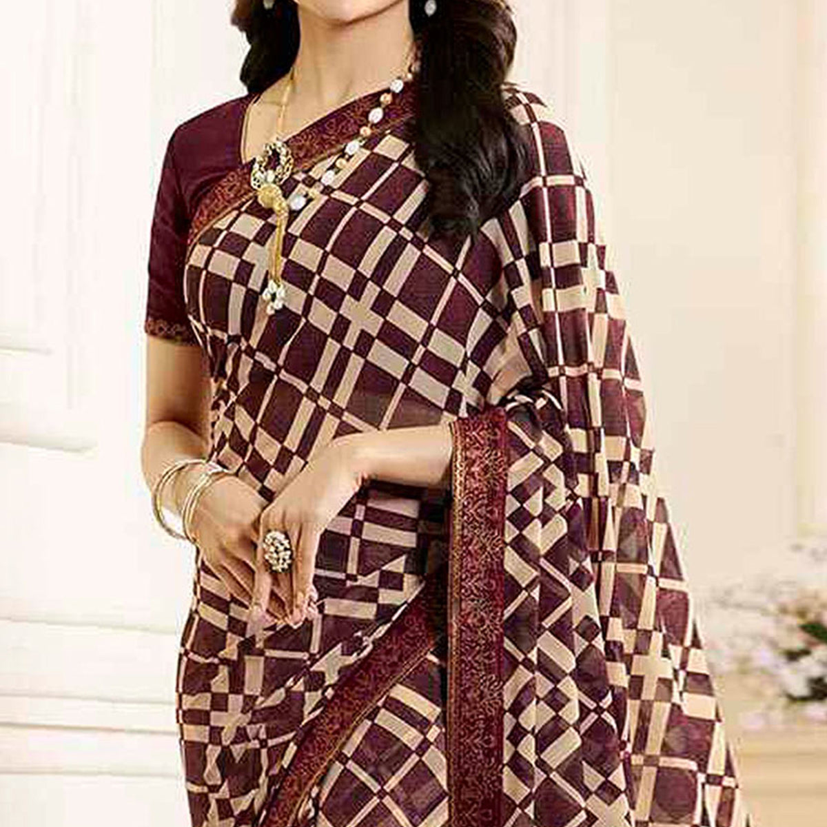 Maroon Printed Georgette Saree With Lace Border