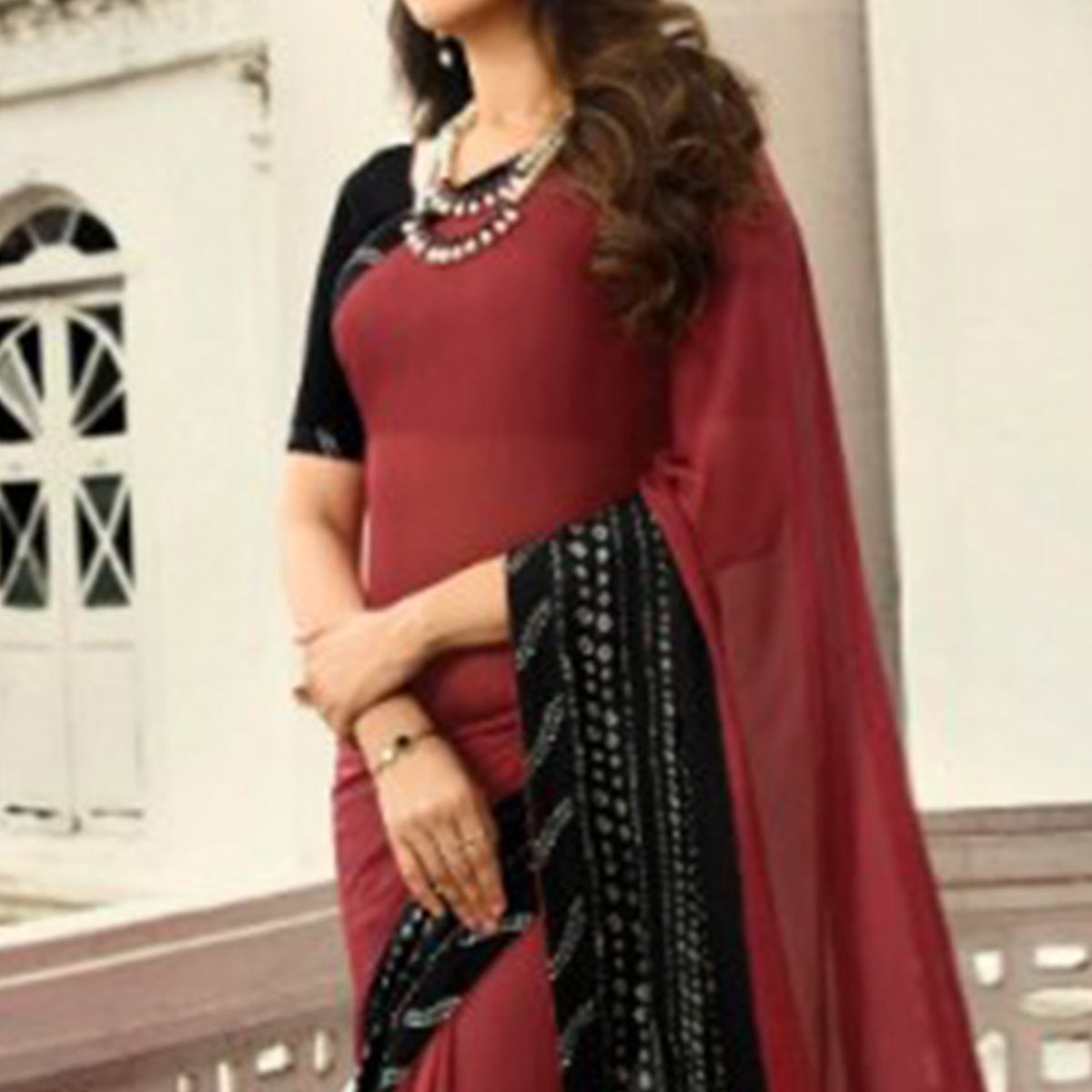 Red Printed Art Silk Saree With Lace Border