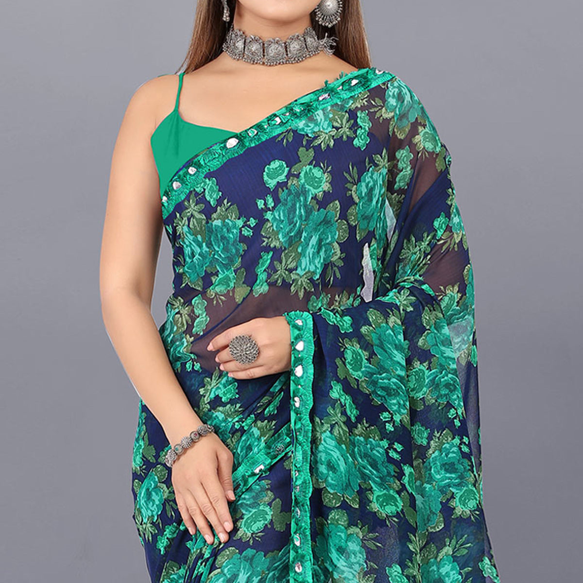 Blue Floral Printed Georgette Saree With Lace Border